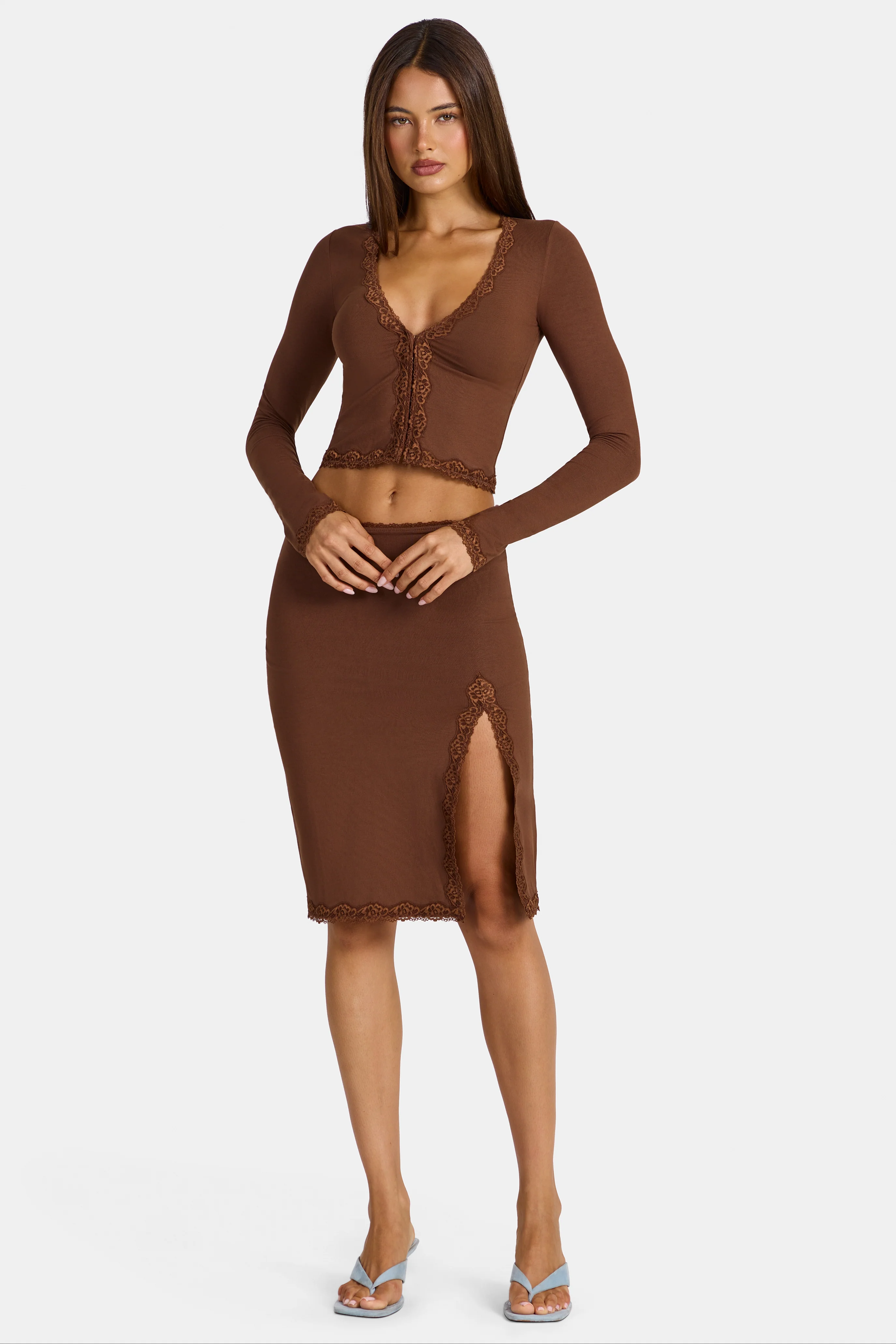 Modal Lace-Trim Low-Rise Midi Skirt in Cocoa Brown