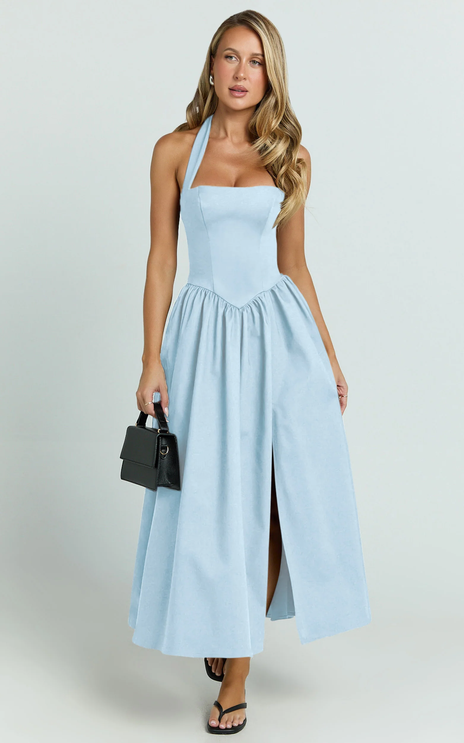 Helda Midi Dress - Halter Tie Neck Corset Panel Dress in Soft Blue