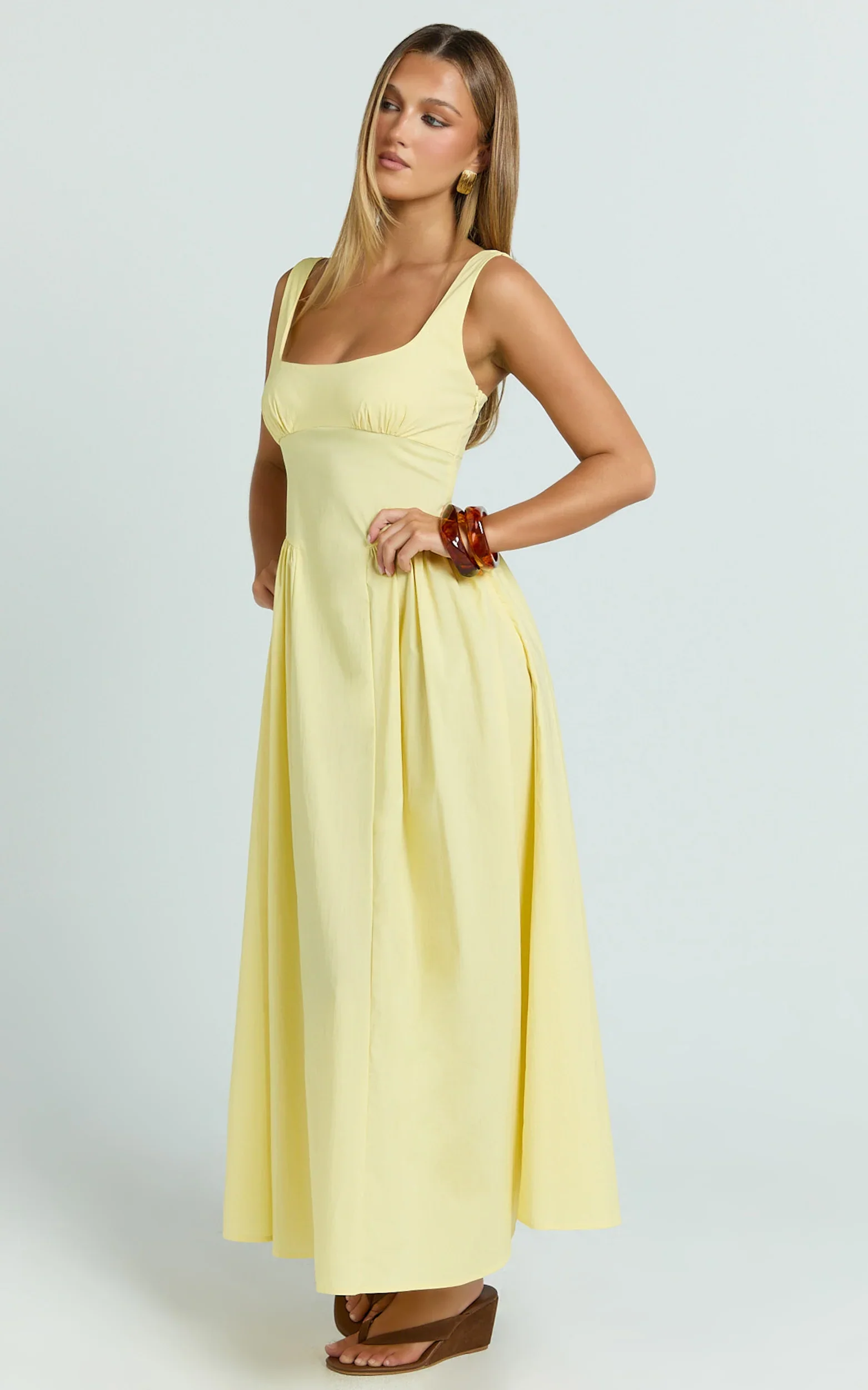 Donatella Midi Dress - Ruched Bust Fit And Flare Dress in Lemon