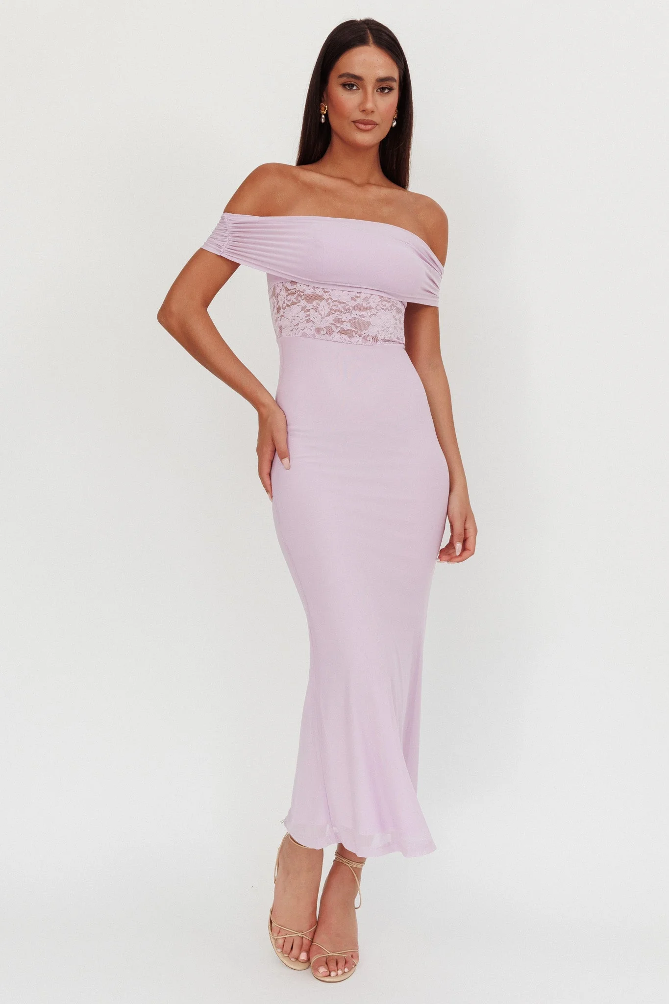 Flutters Off-Shoulder Lace Insert Maxi Dress Lilac - luluinthesky