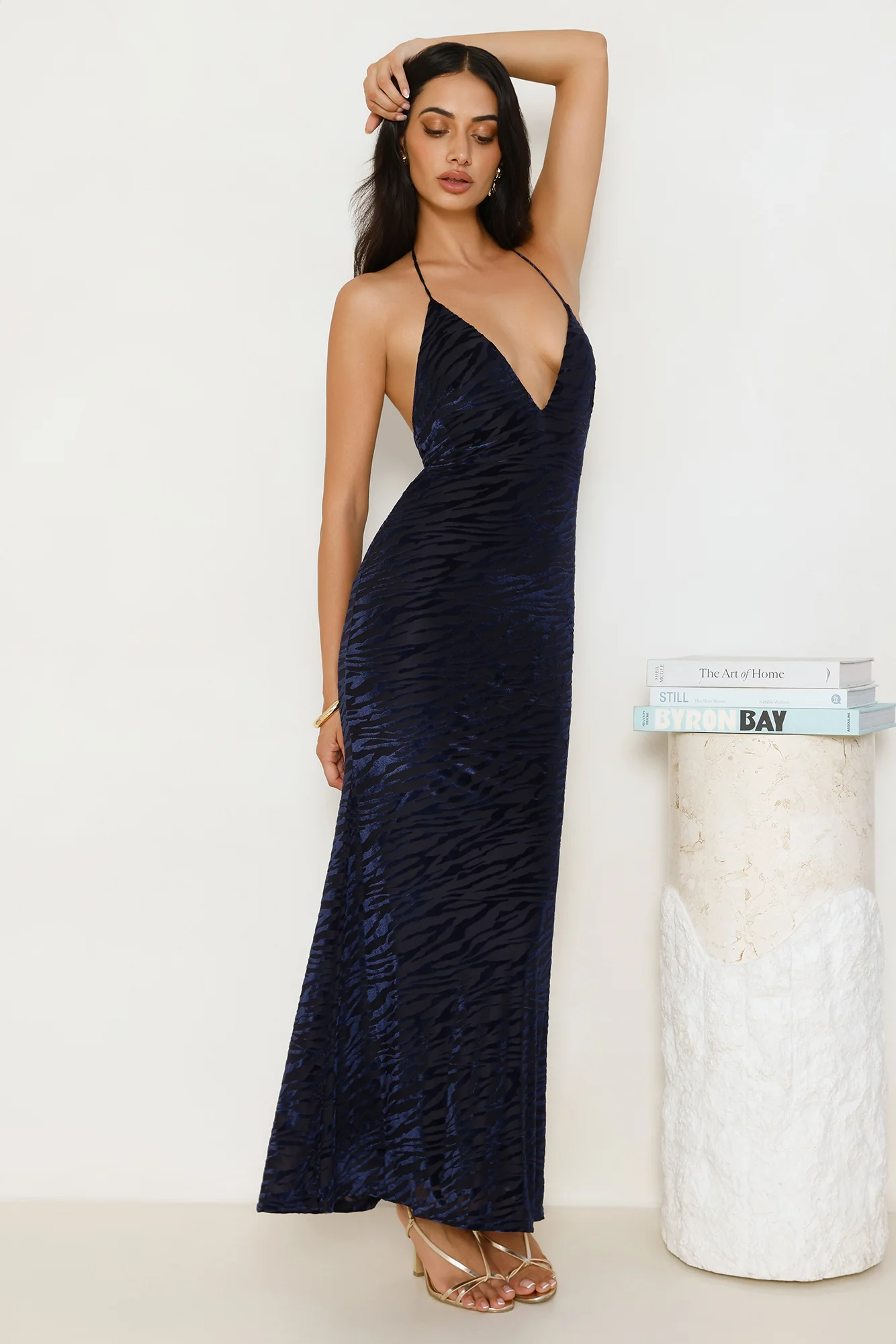 Zebra Charm Halter Maxi Dress Navy