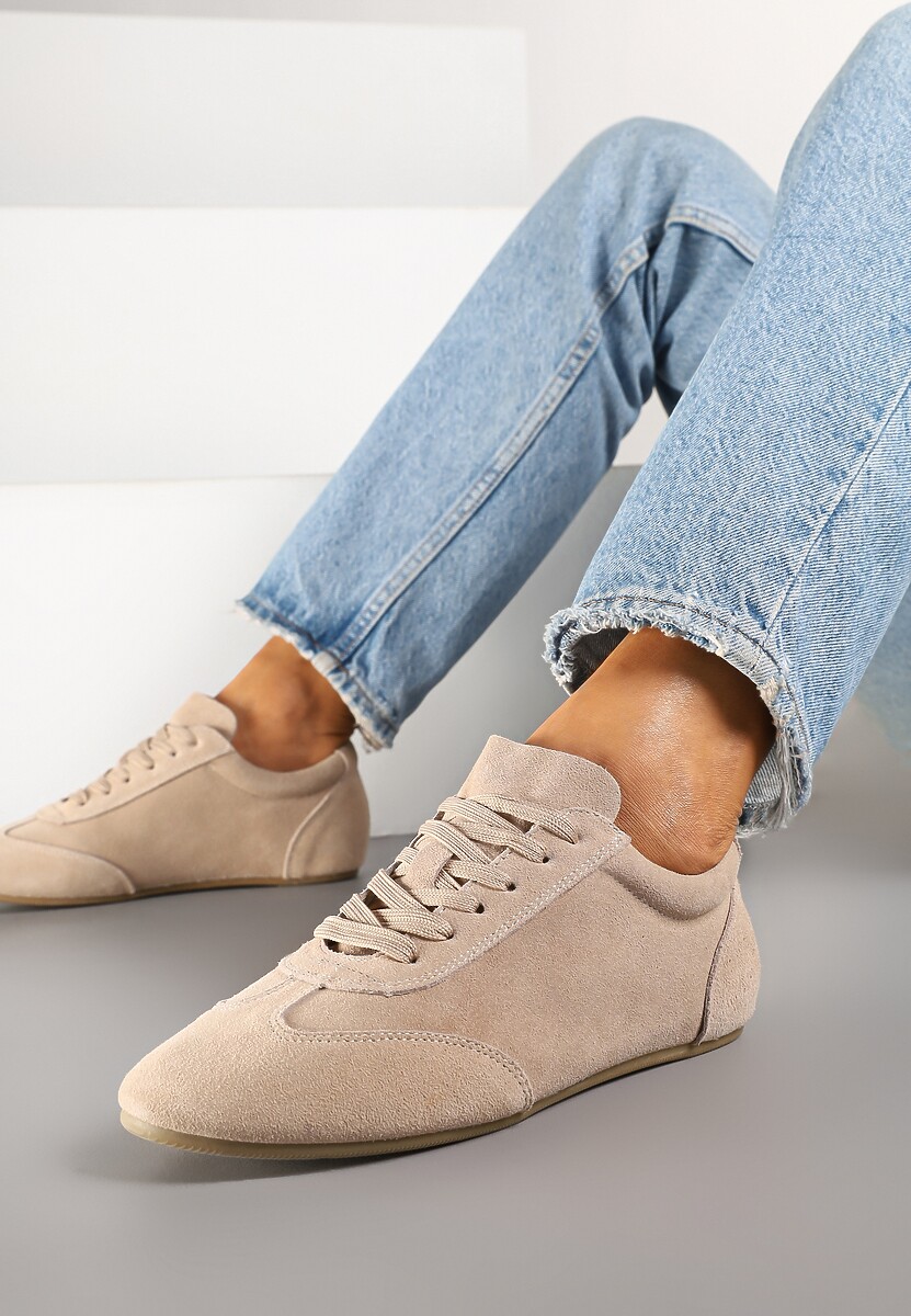 Beżowe Sneakersy Basic ze Skóry Naturalnej Fonariela