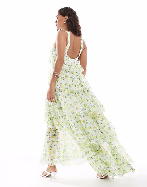 Vero Moda Petite Felicia halter neck tiered maxi dress with corsage detail in lemon print