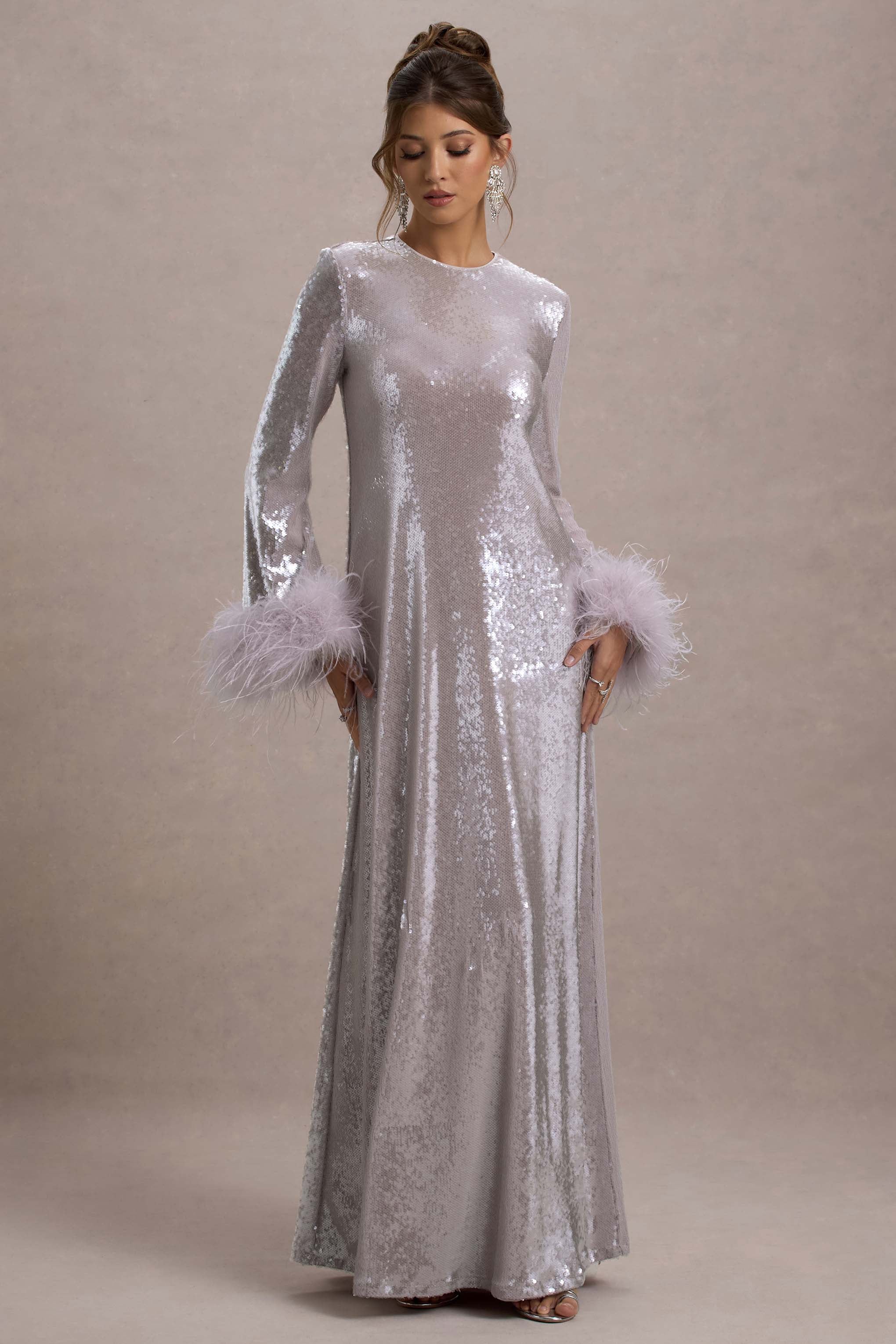 Tallie | Lilac Sequin Maxi Dress With Feather Trim