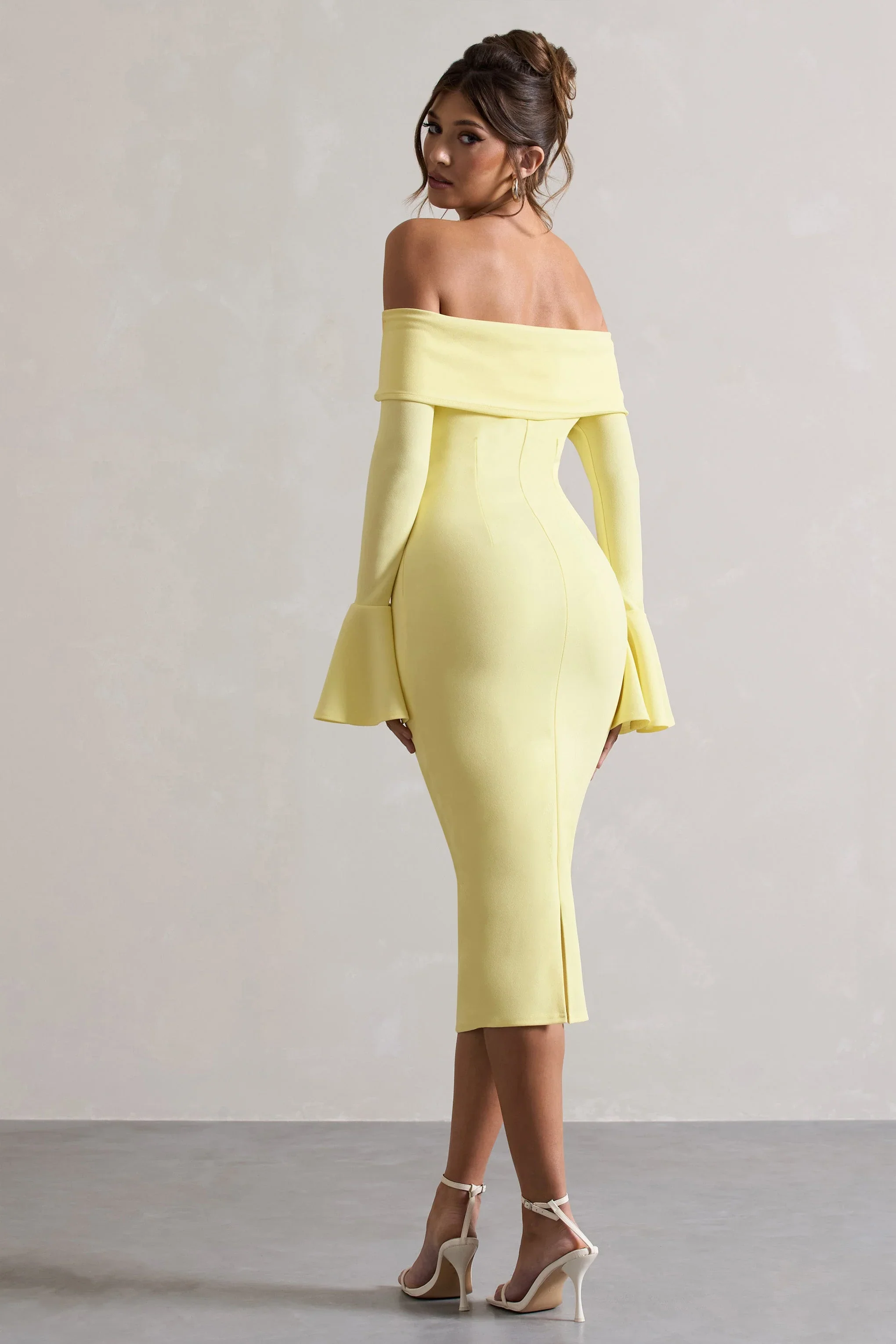 Emma | Lemon Bardot Flared-Sleeve Midi Dress