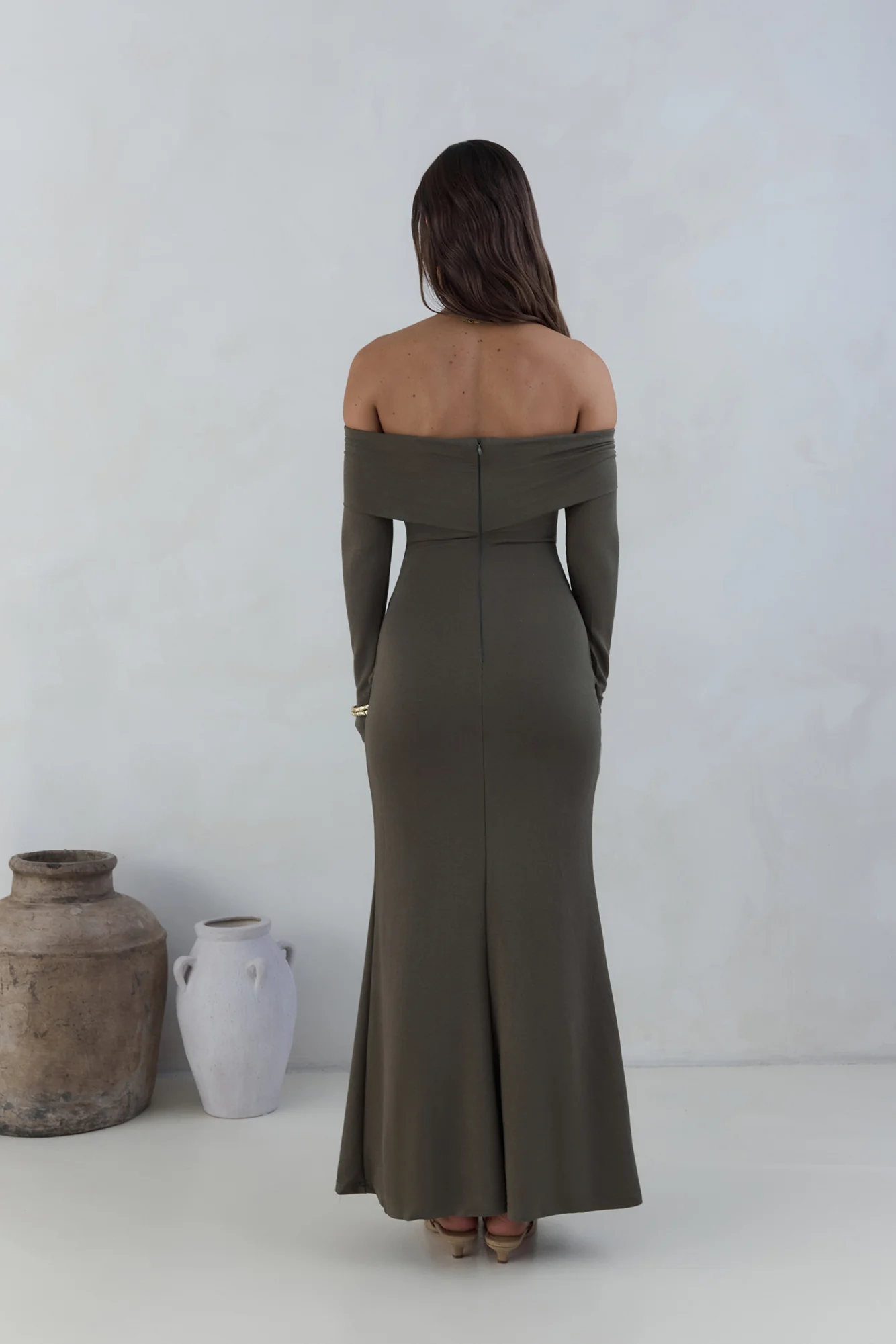 The Getaway Edit Off Shoulder Maxi Dress Olive