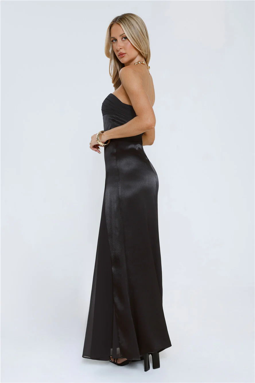 Statement Shine Strapless Satin Maxi Dress Black
