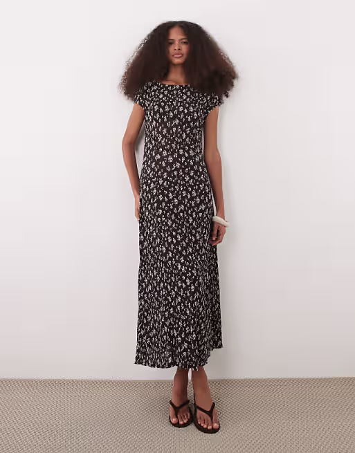 Mango cap sleeve crinkle midi dress in brown floral print