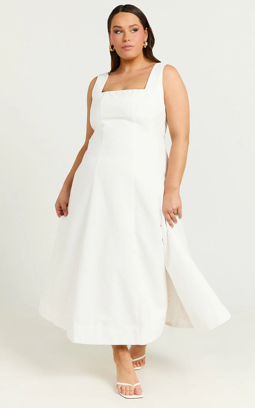 Walters Midi Dress - Square Neck Shirred Back Fit and Flare Panel Dress in White - luluinthesky