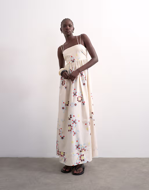 Topshop poplin strappy back volume maxi sundress in mosaic print