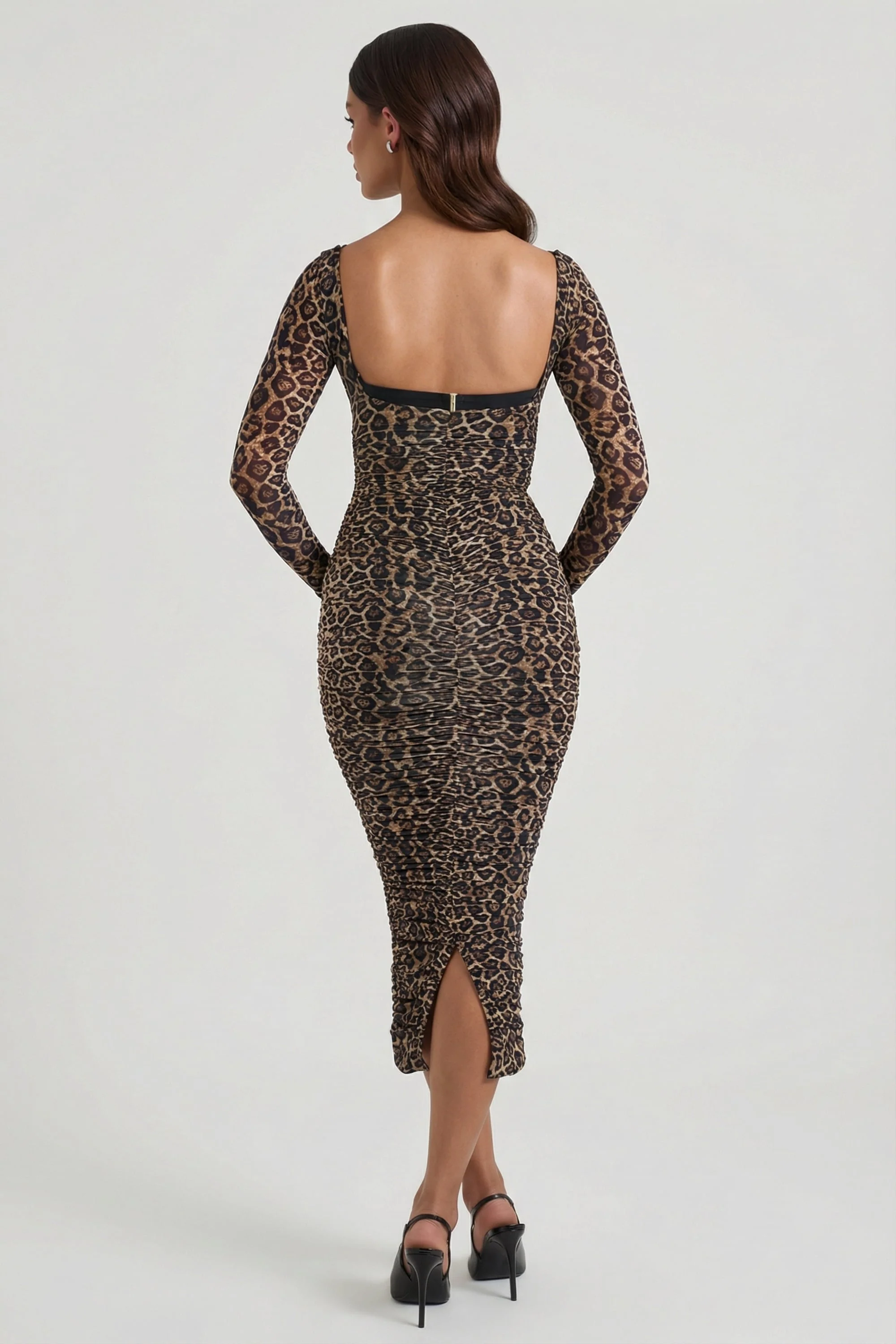 Layered Bra-Detail Ruched Midaxi Dress in Leopard Print