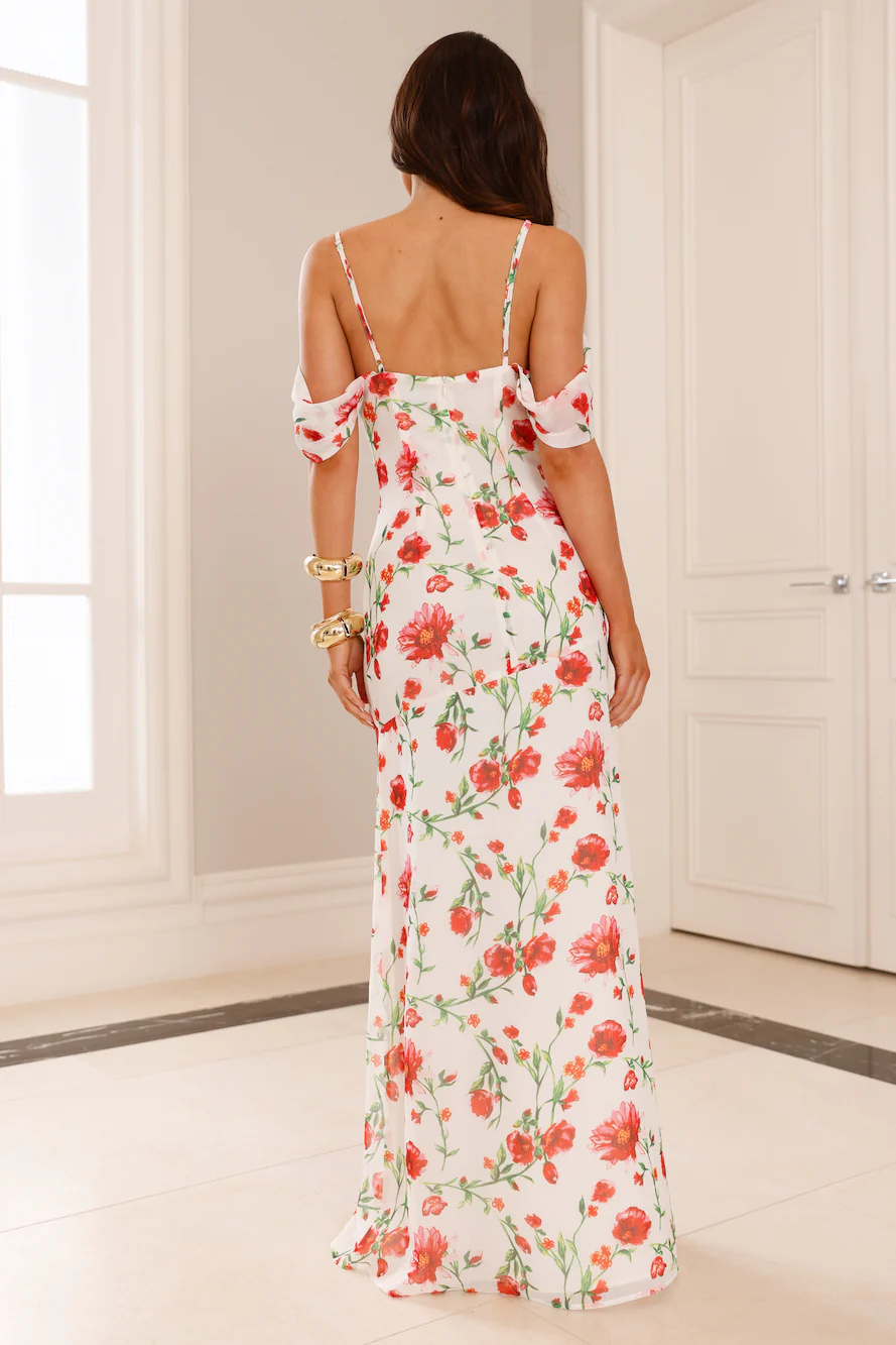 Rose Reverie Off Shoulder Maxi Dress White - luluinthesky