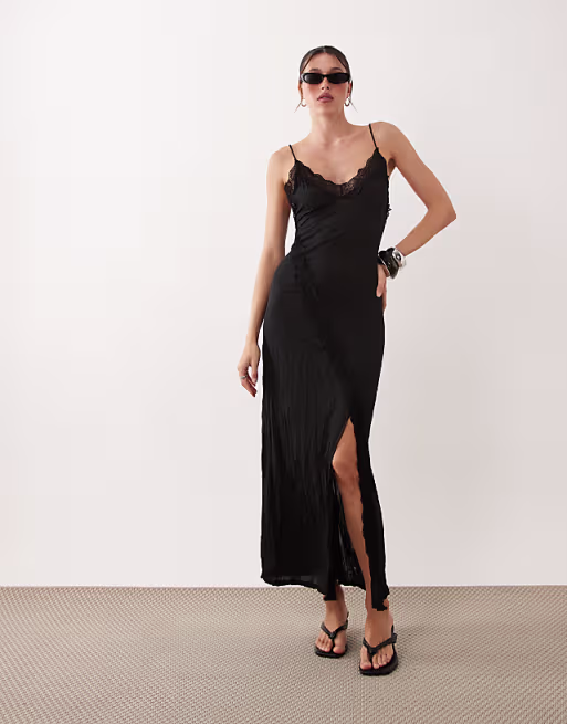 crinkle lace trim semi sheer maxi dress in black