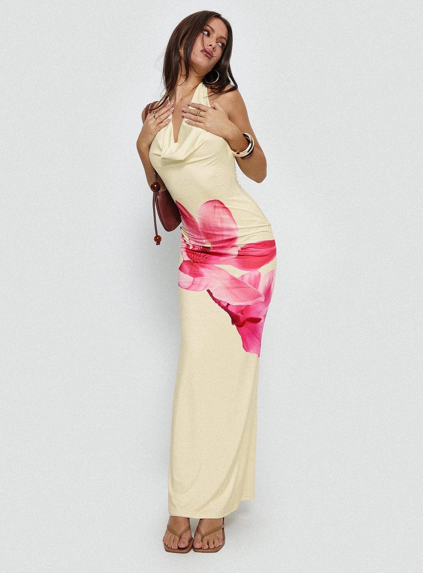 Raleina Halter Cowl Neck Maxi Dress Lemon Floral