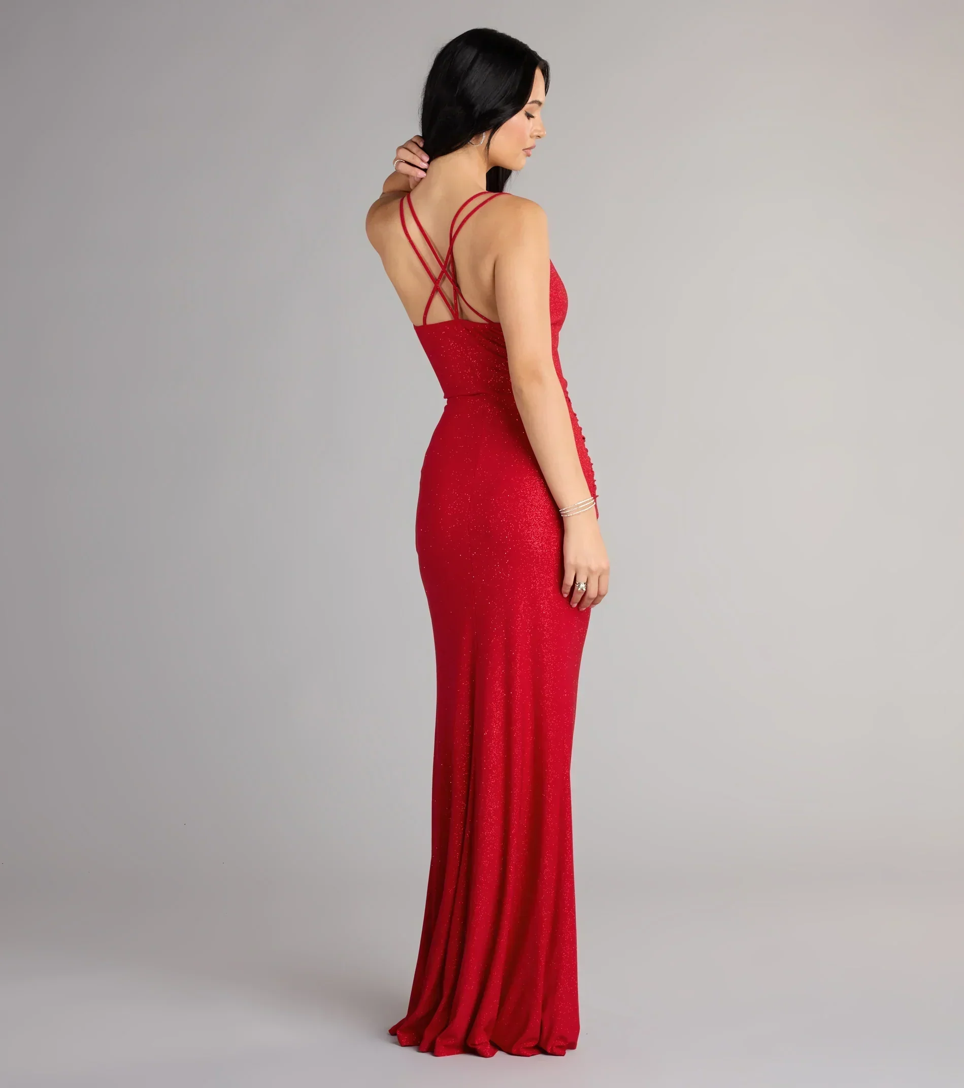 Riley Glitter Ruffle Slit Mermaid Formal Dress