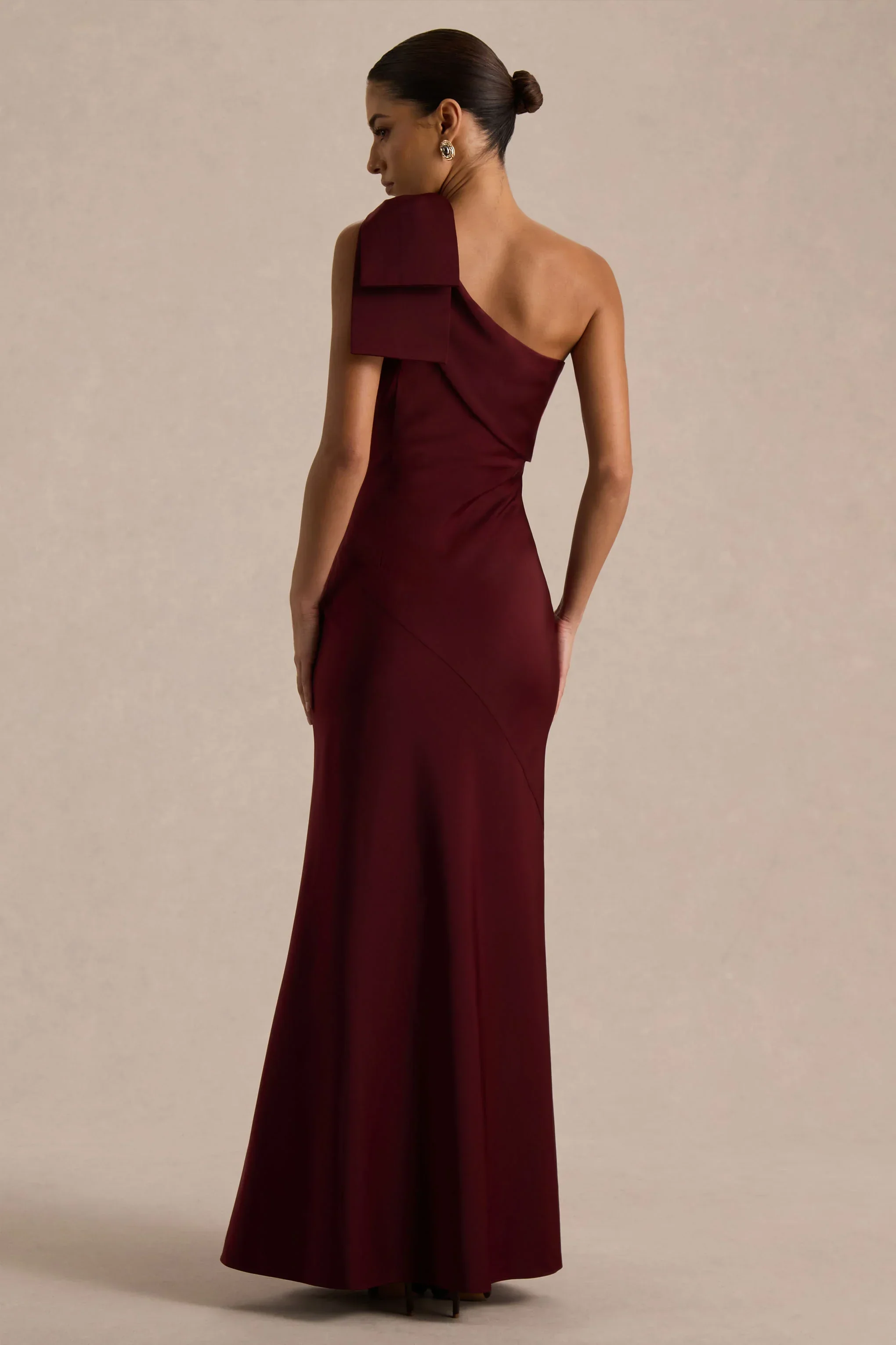 Josephine | Burgundy Satin Asymmetric-Neck Maxi Dress With Bow Detail