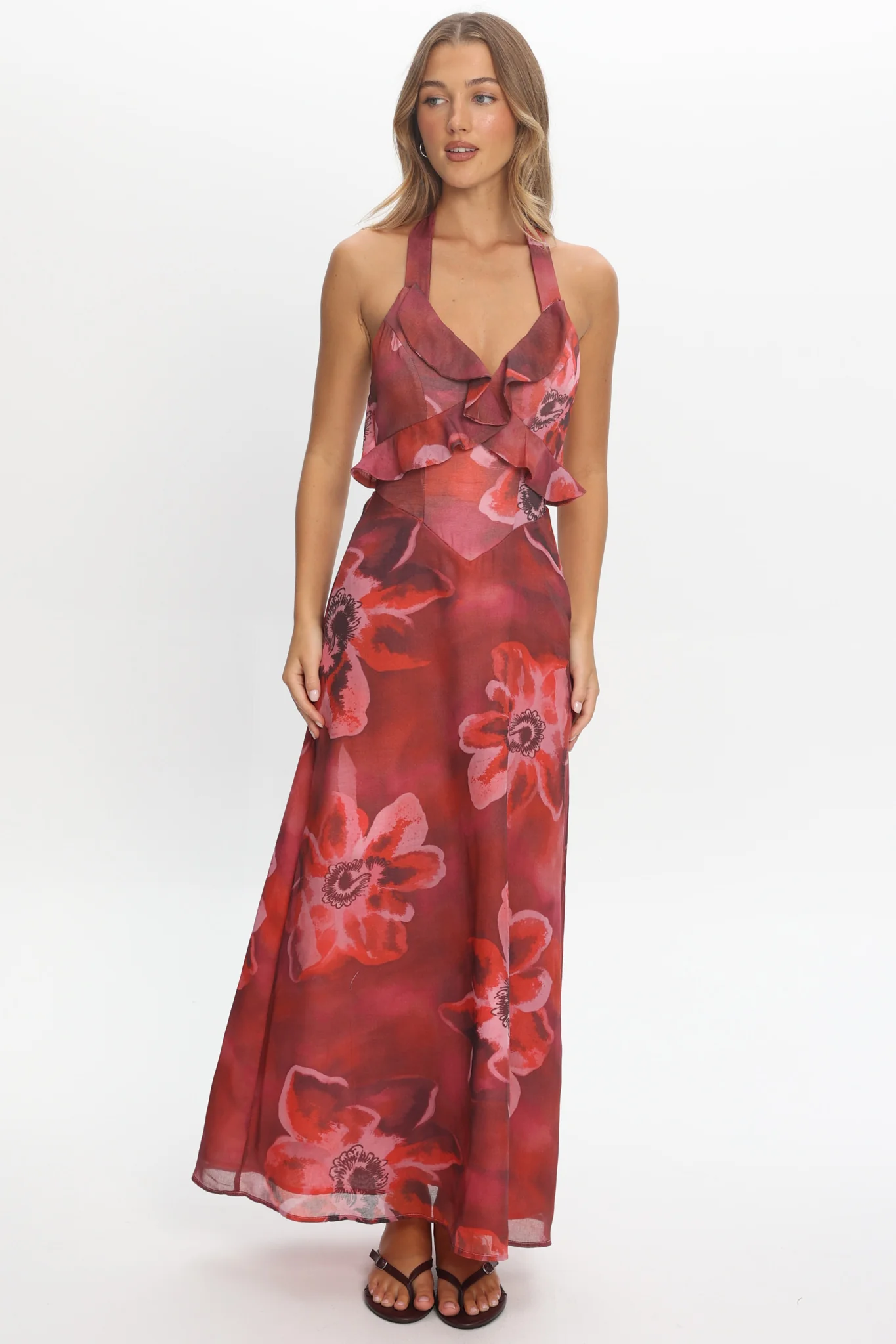 First Dates Frill Trim Maxi Dress Print Red - luluinthesky