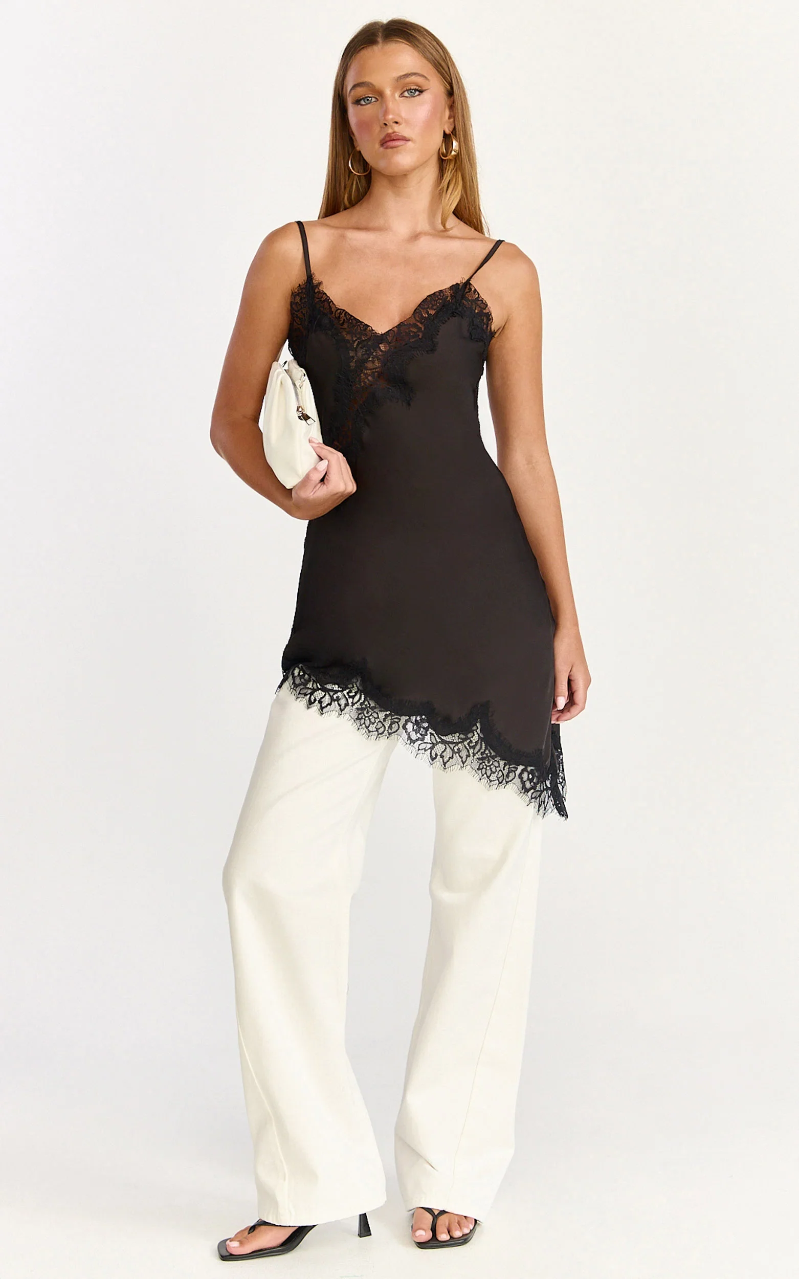 Iris Mini Dress - Lace Trim Asymmetrical Camisole Dress in Black
