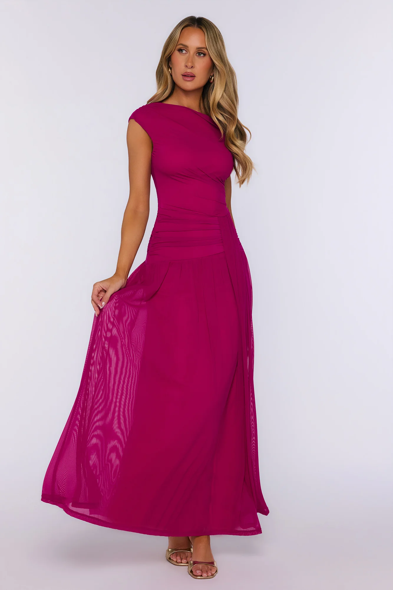 Out For Something Off Shoulder Mesh Maxi Dress Magenta