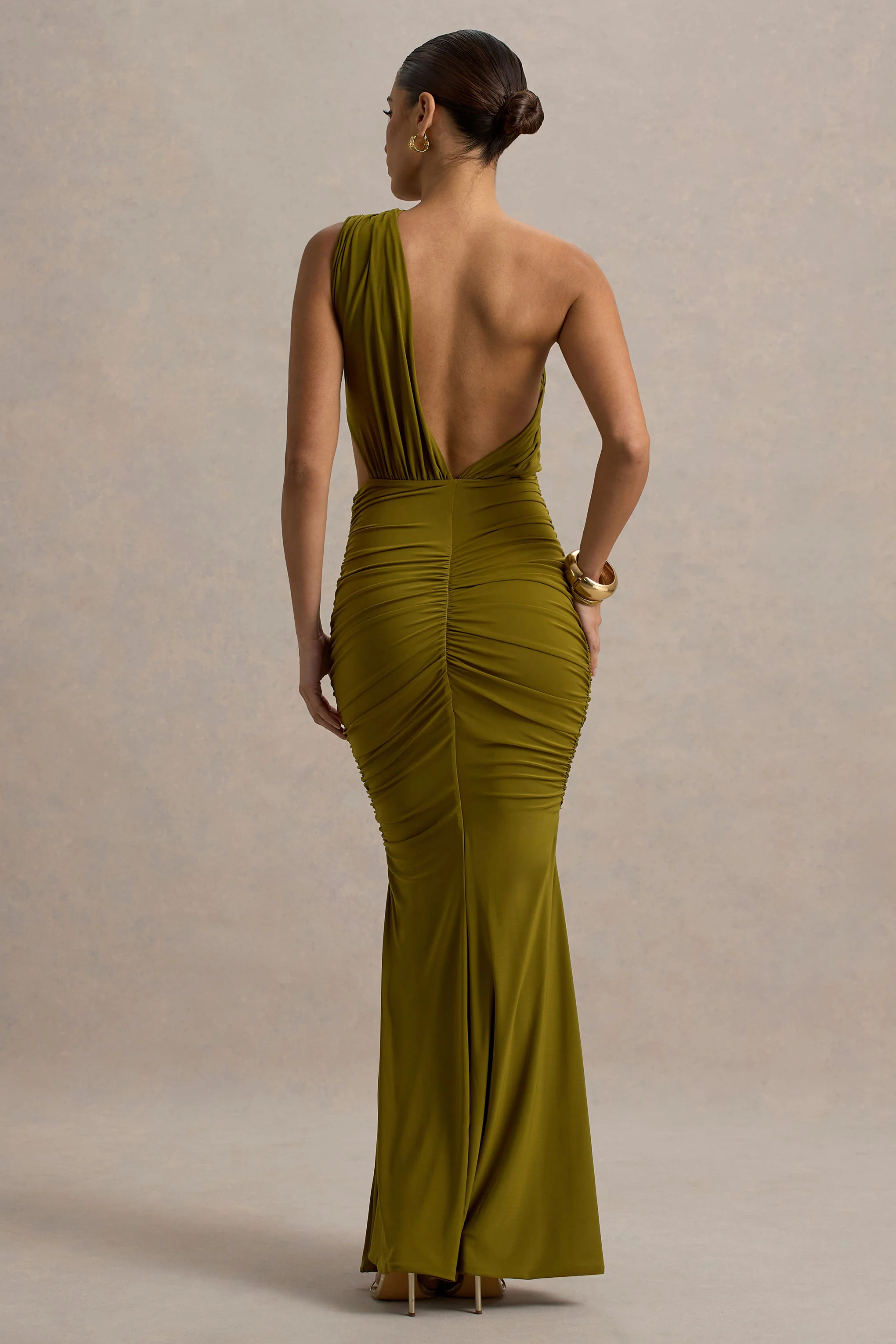 Beline | Green One-Shoulder Cut-Out Maxi Dress With Drape
