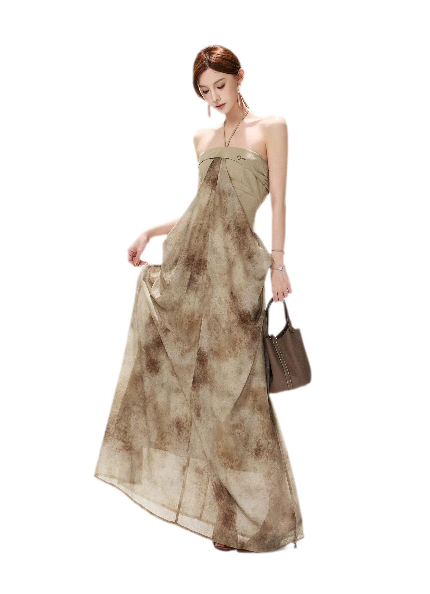 Ink-Wash Pleated Halter Dress