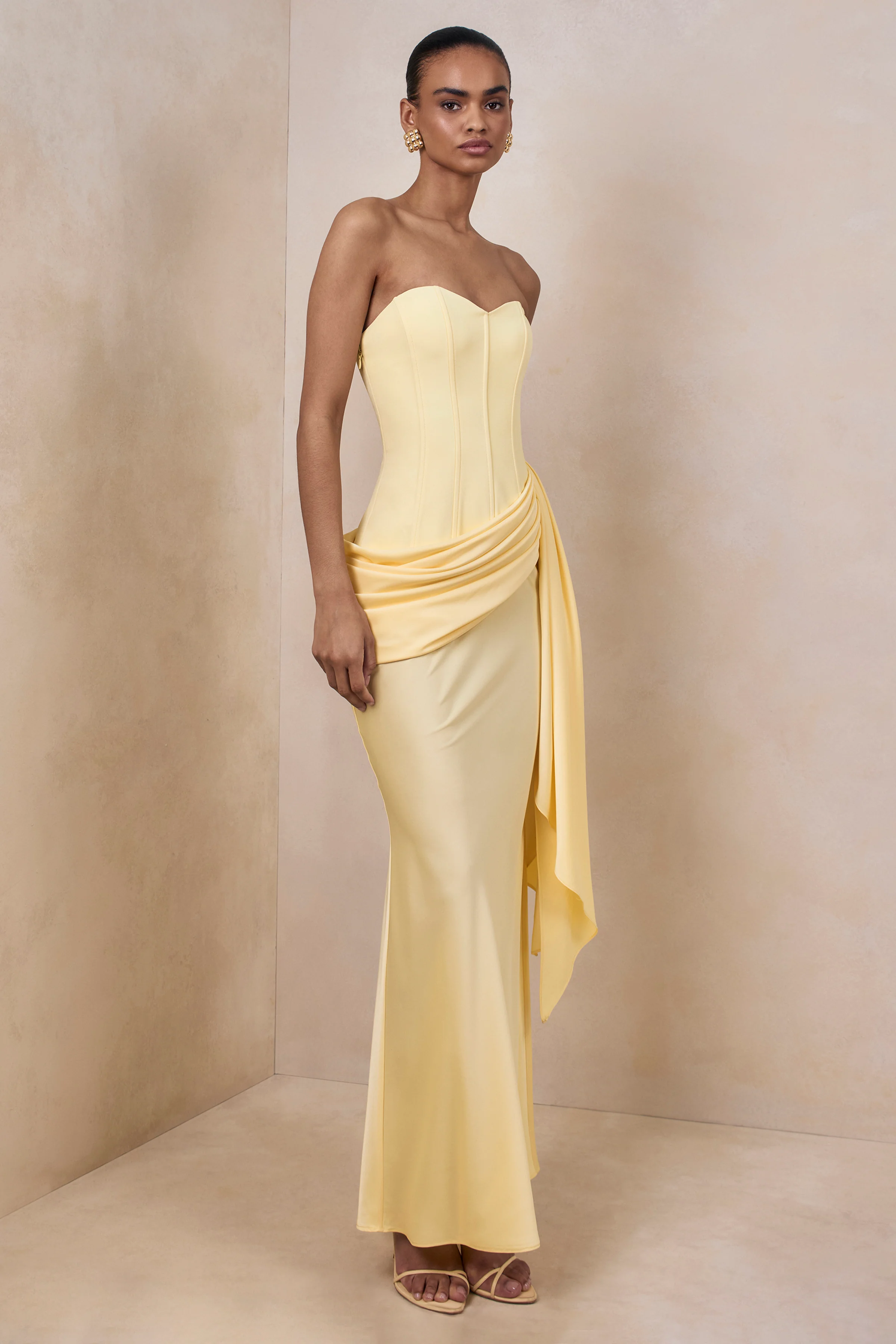 Nalira | Lemon Satin Bandeau Maxi Dress With Draped Skirt