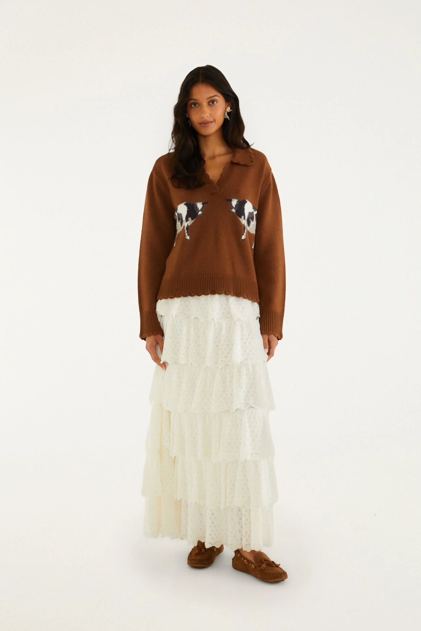 Brown Countryside Cow Collared Knit Sweater