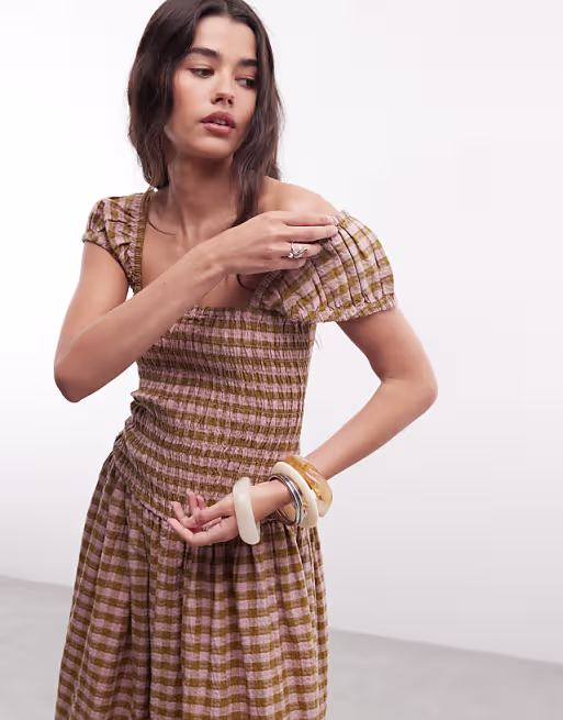 COLLUSION shirred cap sleeve midi dress in textured green plaid