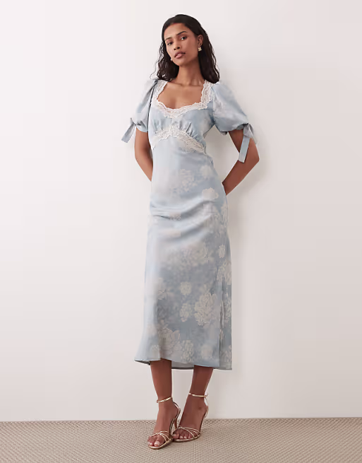 Hope & Ivy satin jacquard lace trim tie sleeve midi dress in pale blue
