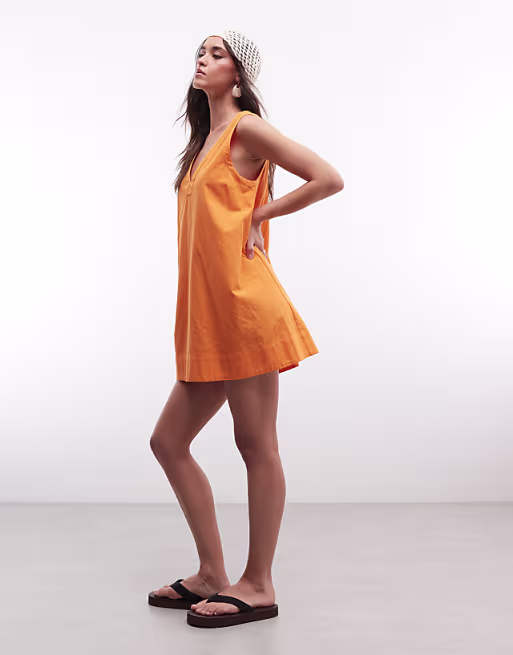 cotton linen v neck smock midi dress in orange
