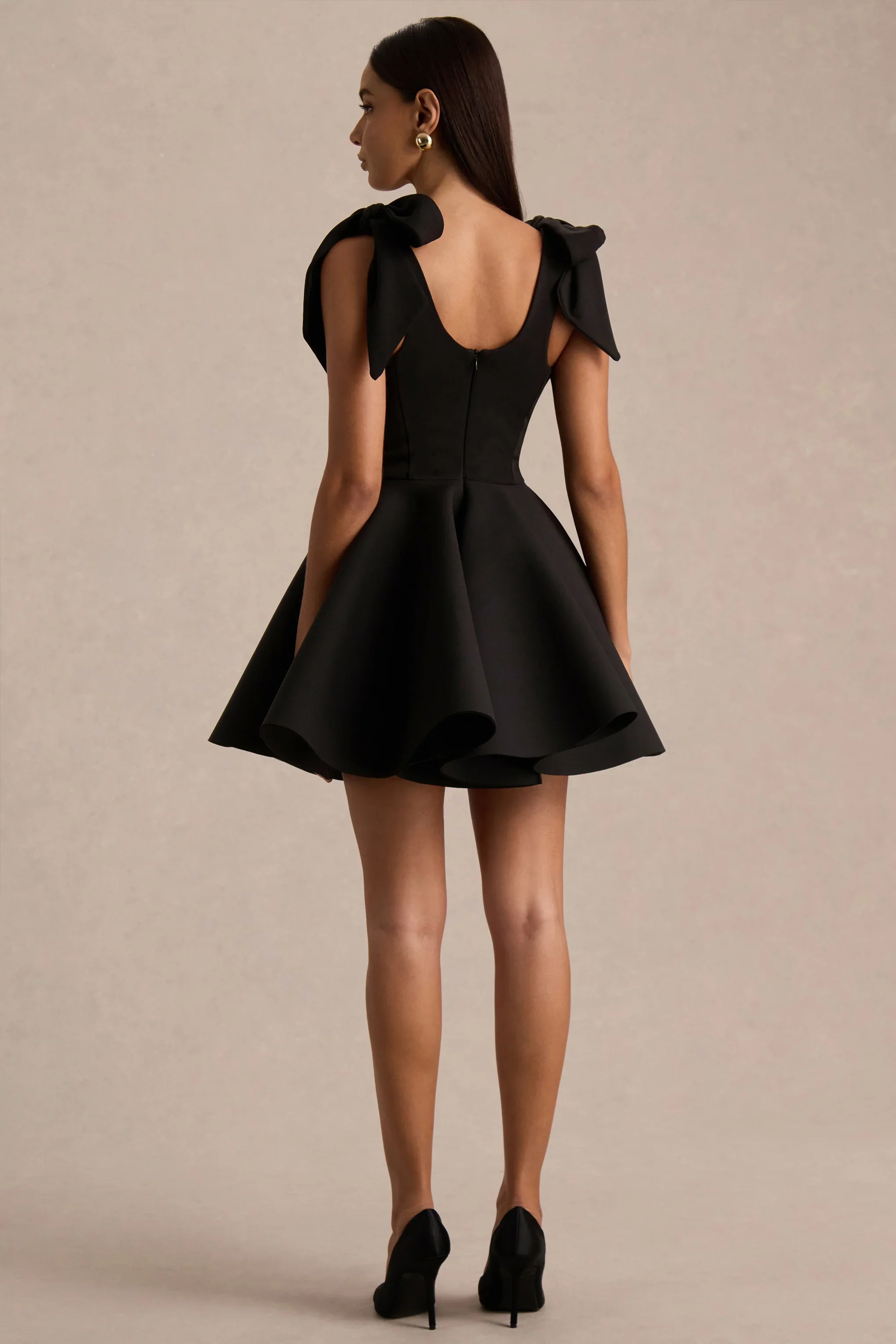 Hestia | Black Sweetheart-Neck Mini Dress With Bow Sleeves