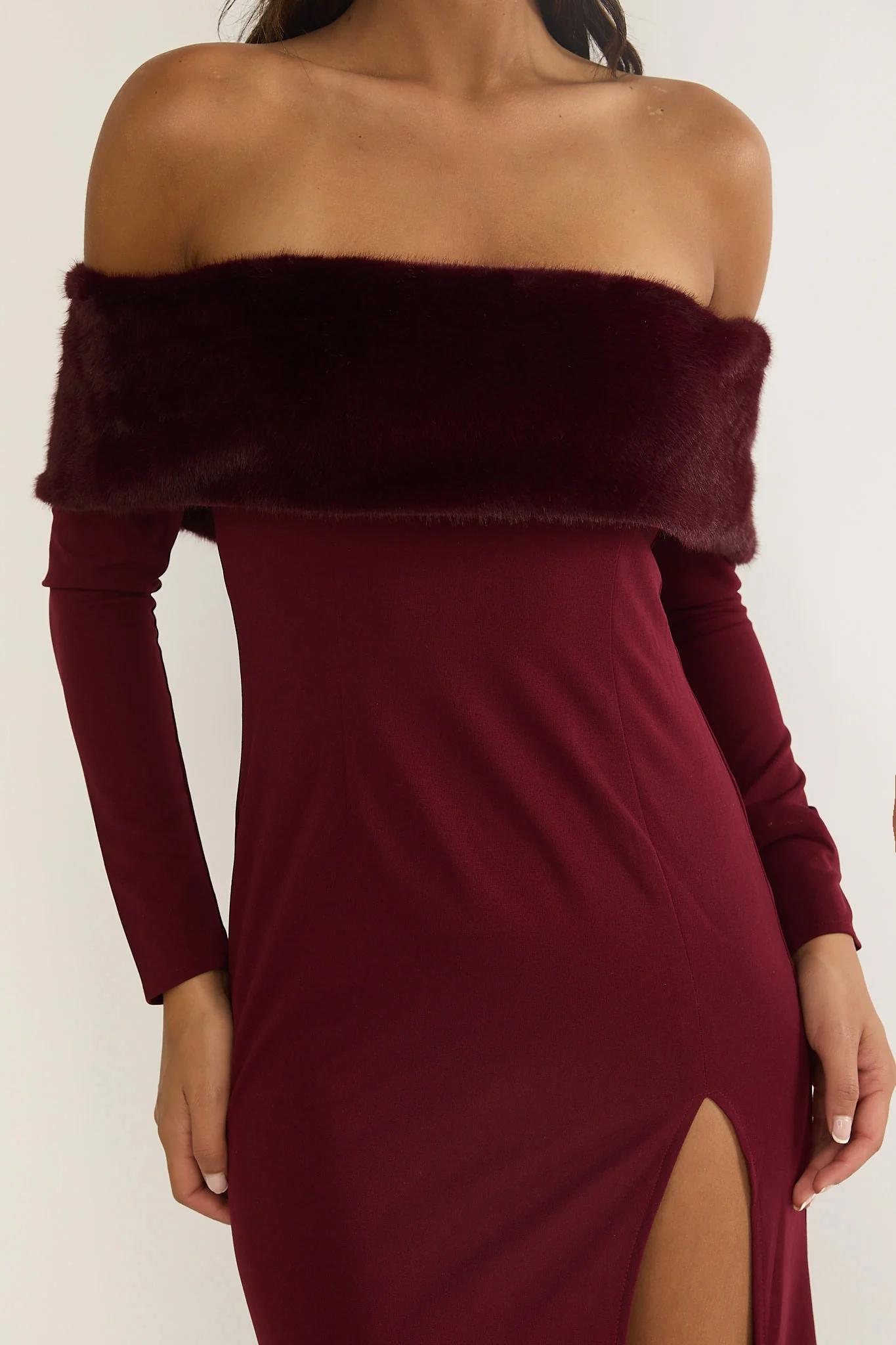 Noella Off-Shoulder Fur Trim Maxi Dress Wine - luluinthesky