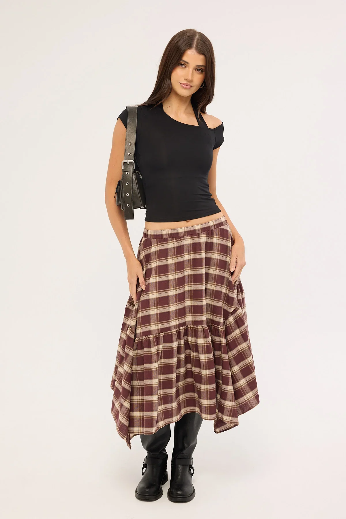 Luck & Trouble Vintage Check Midi Skirt Brown Print