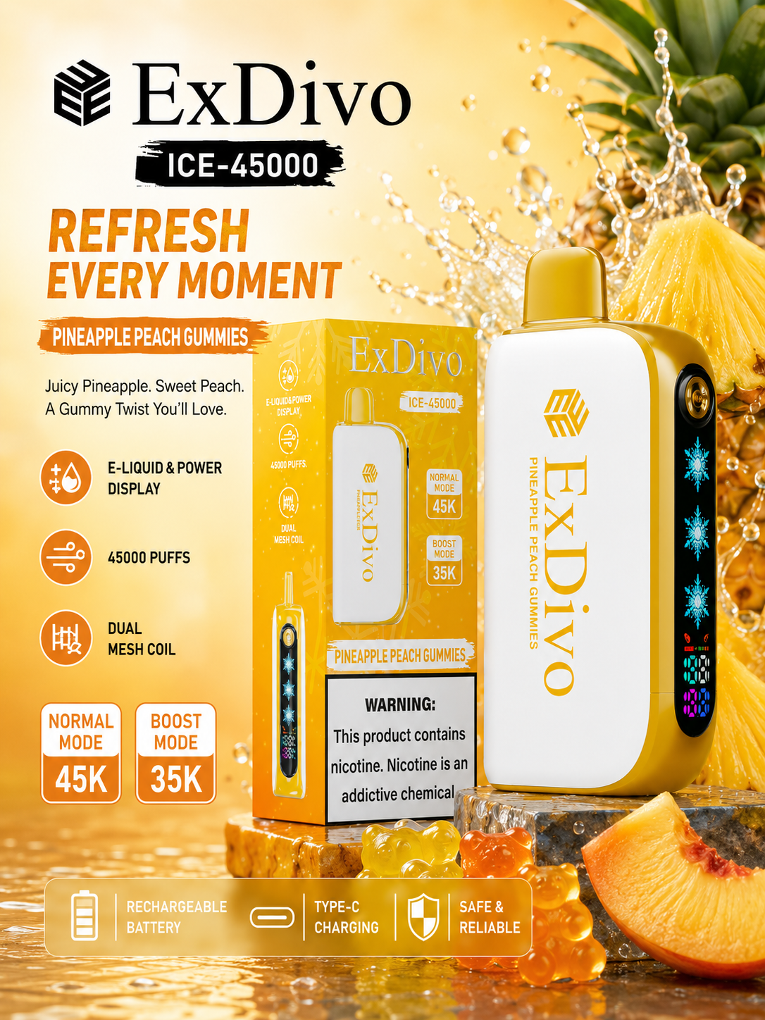 ExDivo Ice Flame Vape 45000 Puffs——PINEAPPLE PEACH GUMMIES