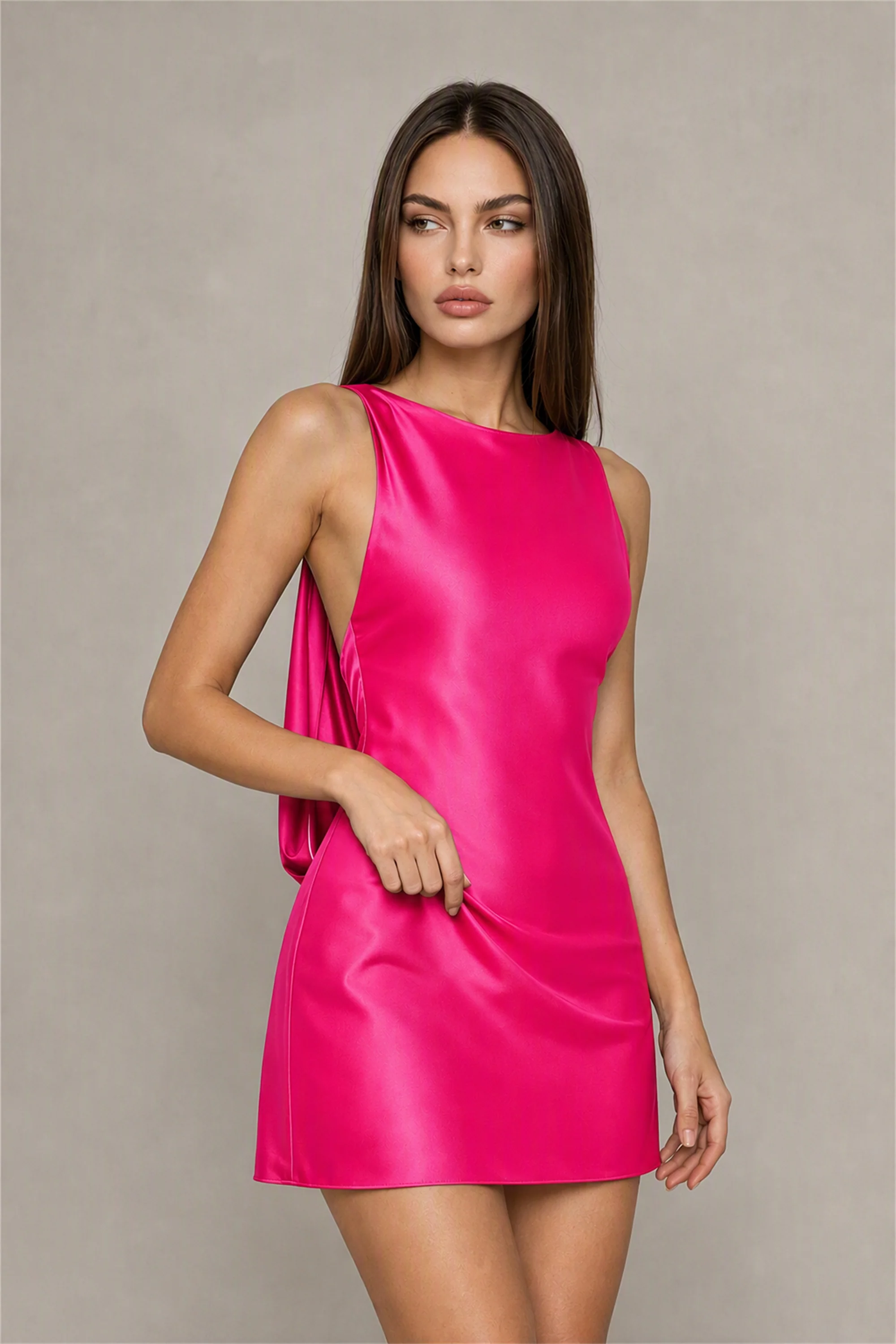BOLODOO Hot Pink Satin Bateau Neck Cowl Open Back Pearl Chain Mini Dress | Cocktail Party Date Night Dress