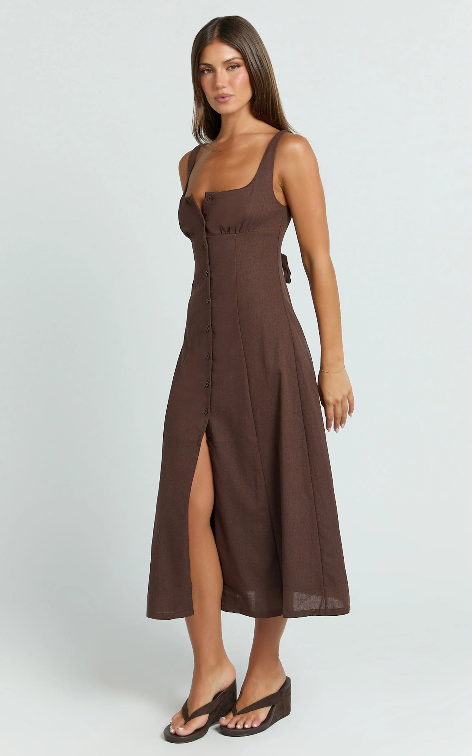 Cameron Midi Dress - Button Front Tie Back Dress in Chocolate