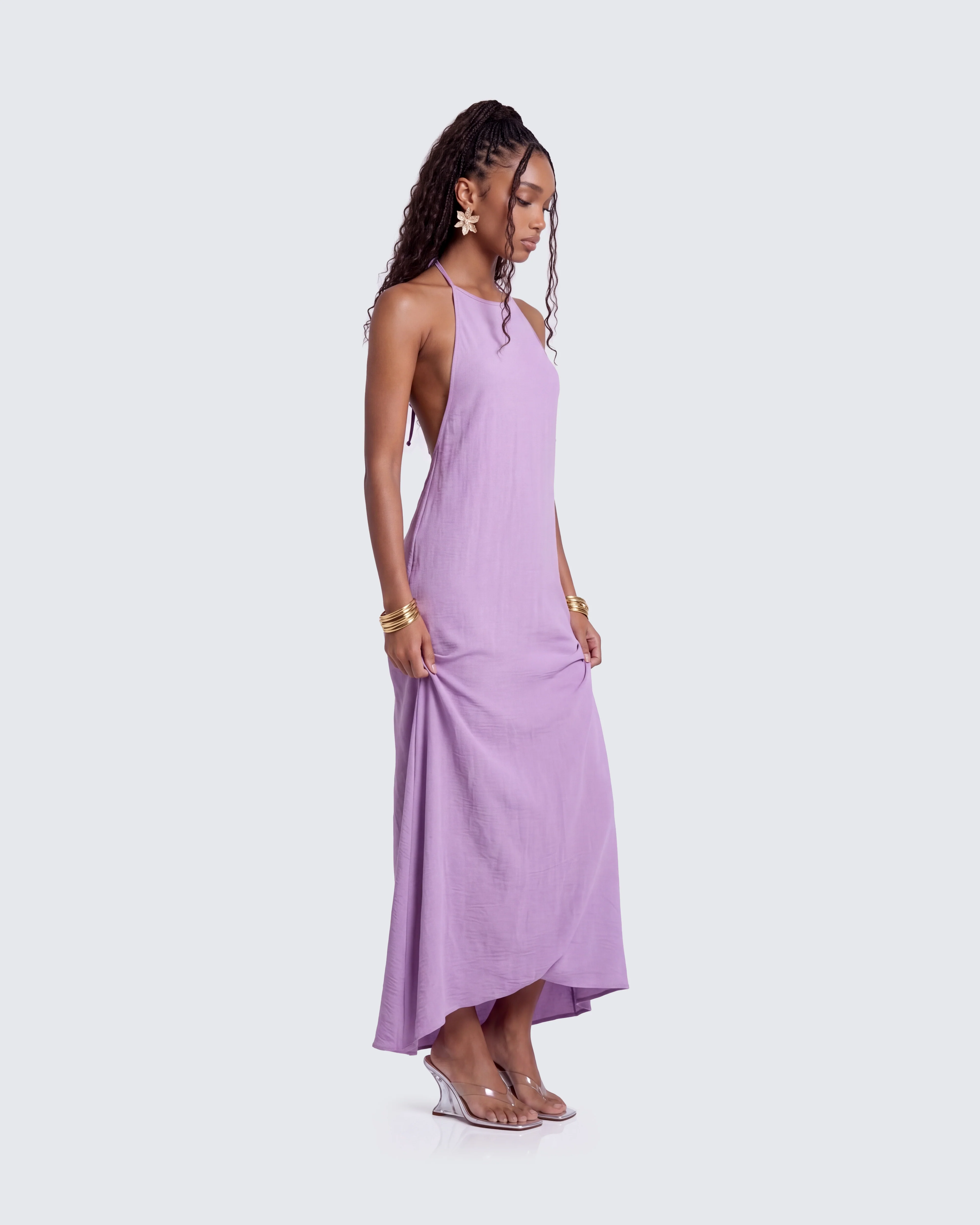 Debri Purple Open Back Halterneck Matt Satin Maxi Dress