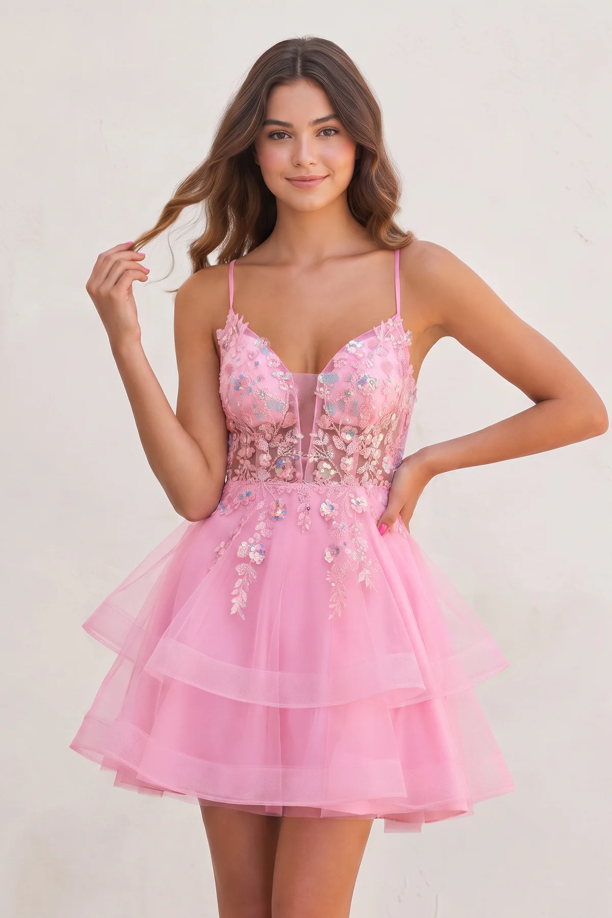 Pink - A Line V Neck Tulle Sequined Homecoming Dresses with Appliques