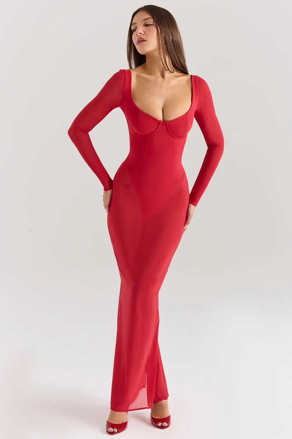 Holly Red Mesh Maxi Dress With Bodysuit