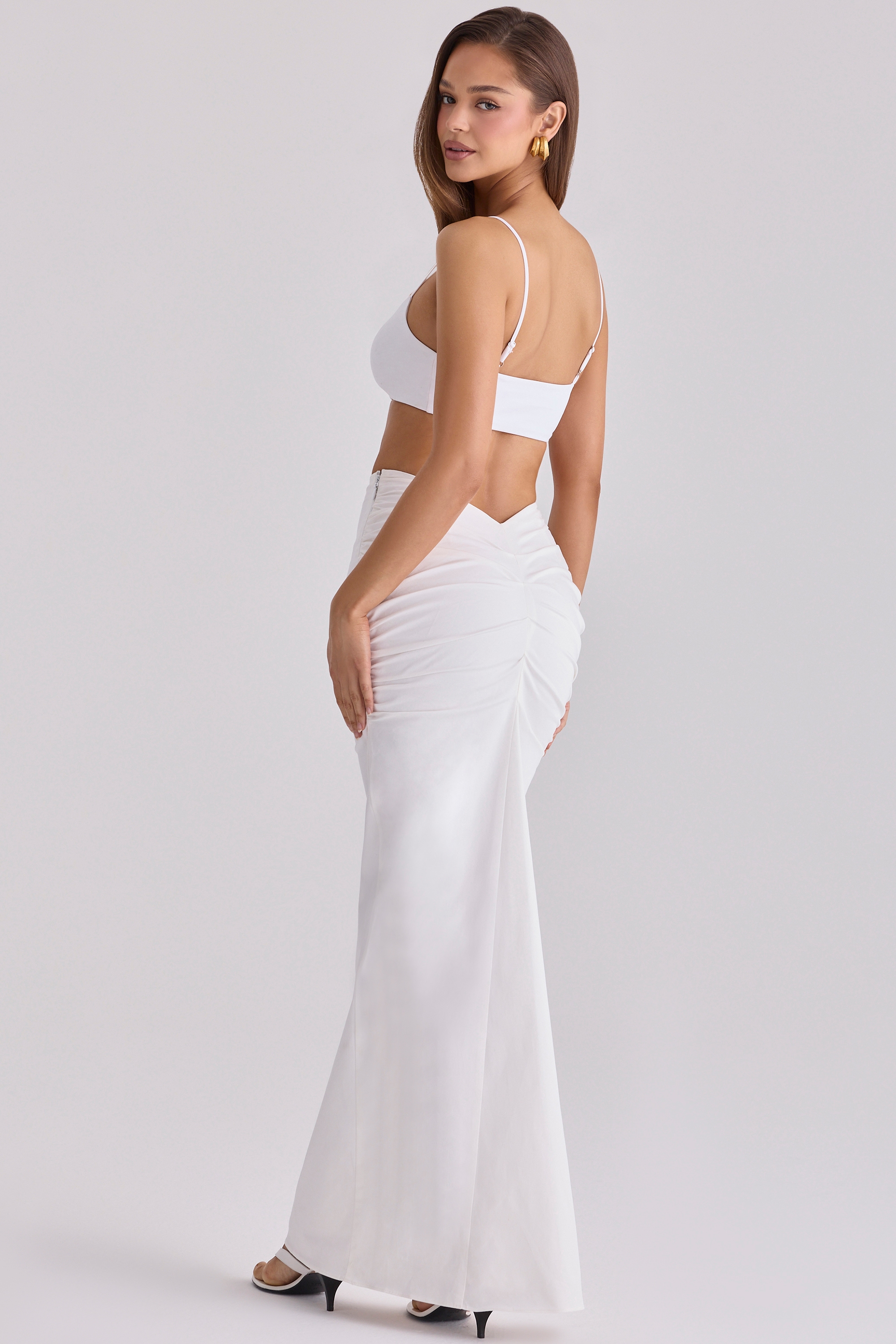 White Cotton V Back Draped Maxi Skirt