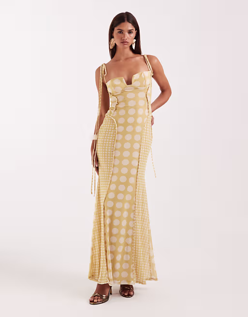 printed mesh exposed seam sculpted cupped maxi dress in polka dot