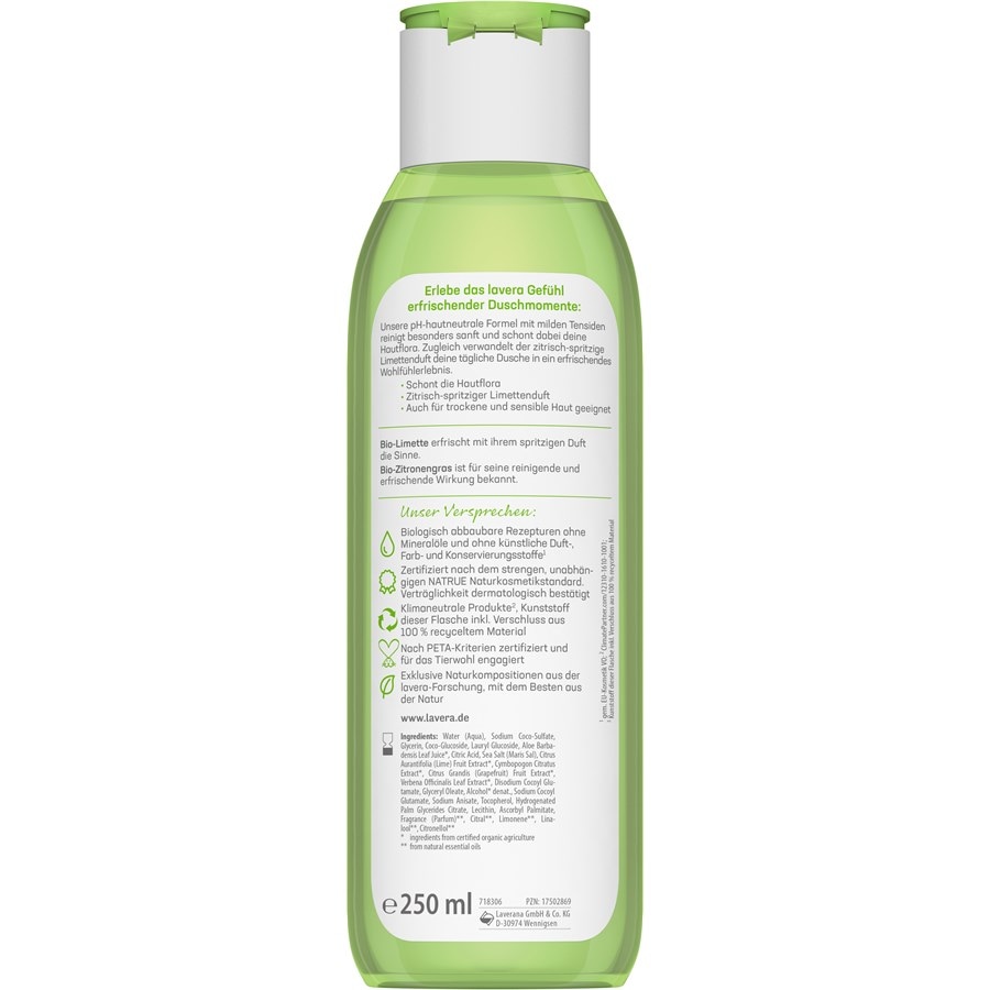 Lavera Pielęgnacja pod prysznicem Orzeźwiający, odżywczy żel pod prysznic Organiczna limonka i organiczna trawa cytrynowa