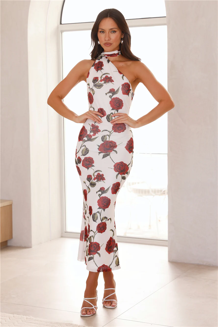 Enchanted Rose Halter Mesh Maxi Dress White - luluinthesky