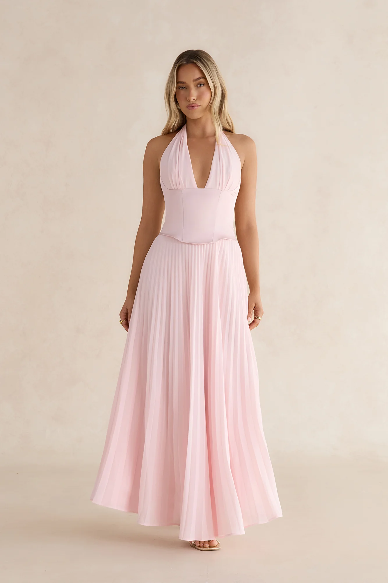 Paradise Falls Plisse Halter Maxi Dress Light Pink