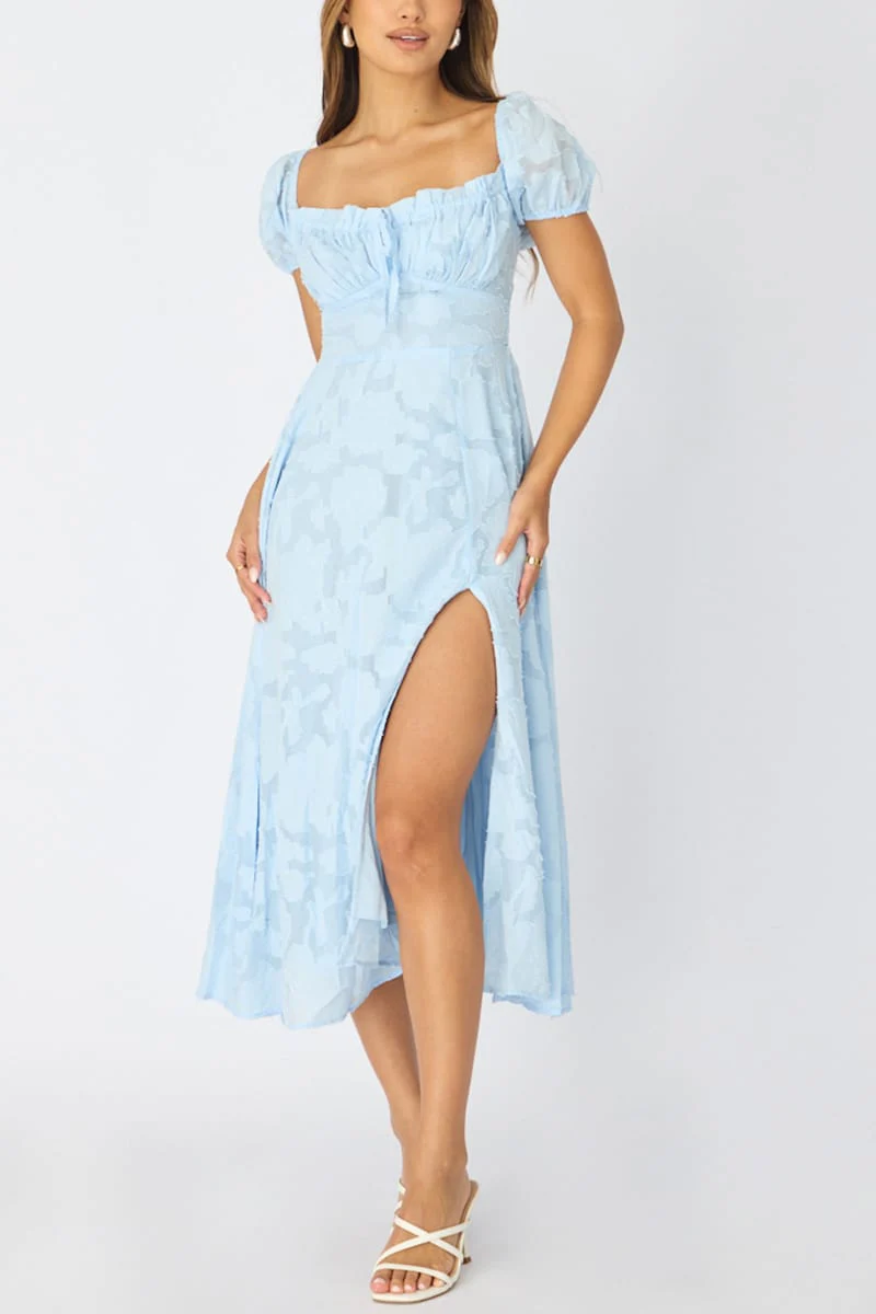 Blue Midi Dress Puff Sleeve