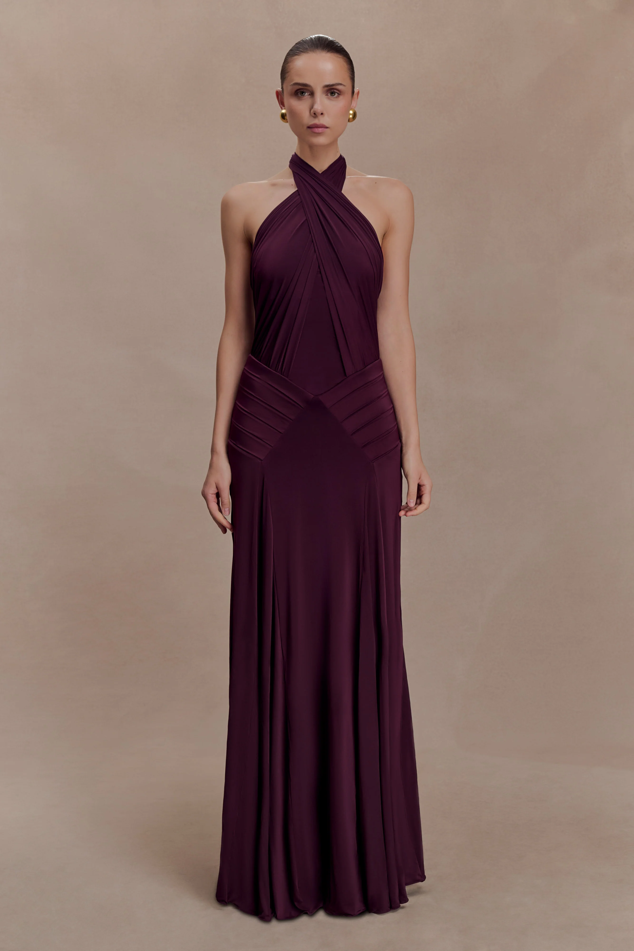Indira Gathered Slinky Halter Maxi Dress - Mahogany