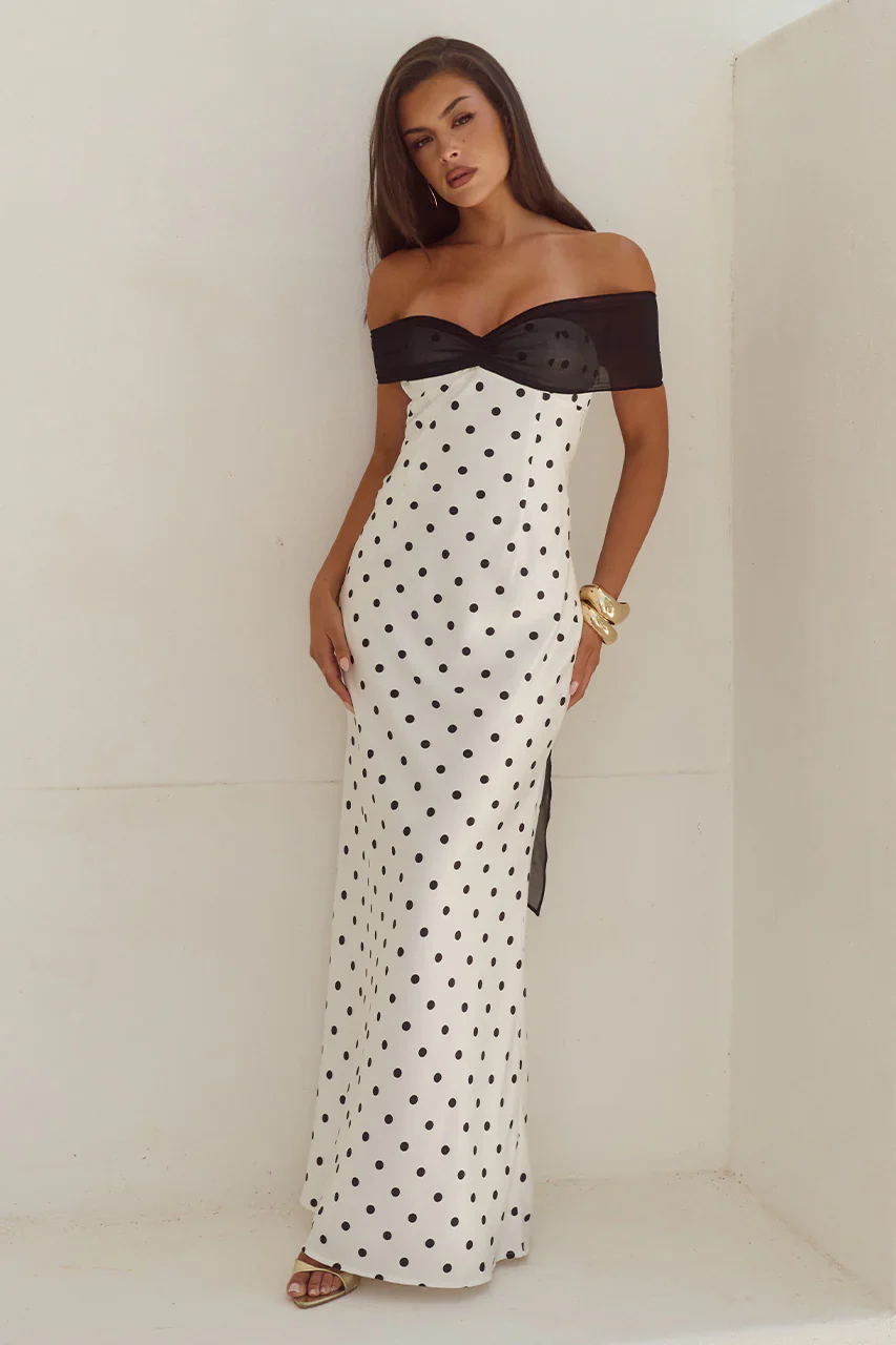 KADIE OFF SHOULDER MAXI DRESS - WHITE/BLACK POLKA
