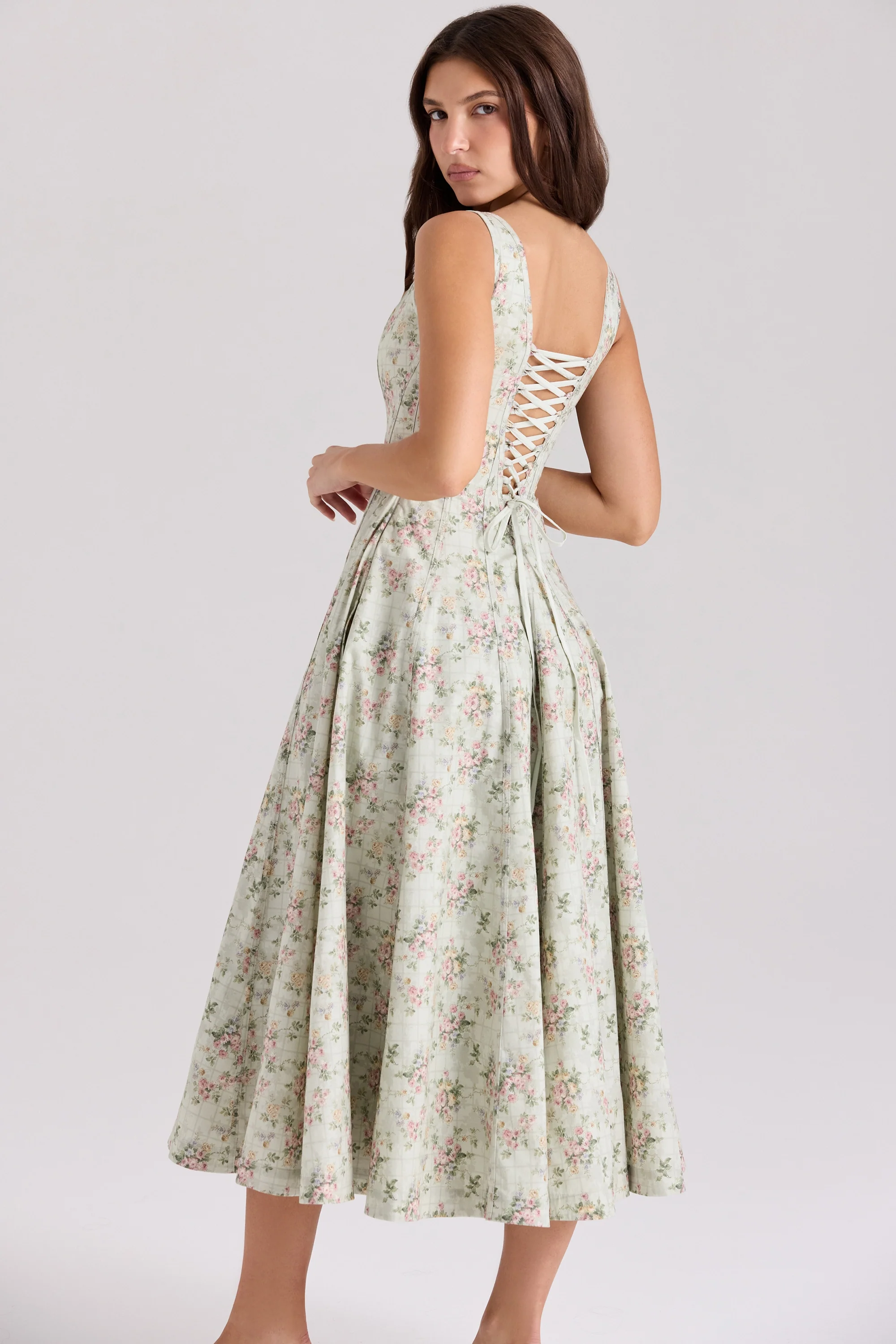 sage floral print cotton midi dress