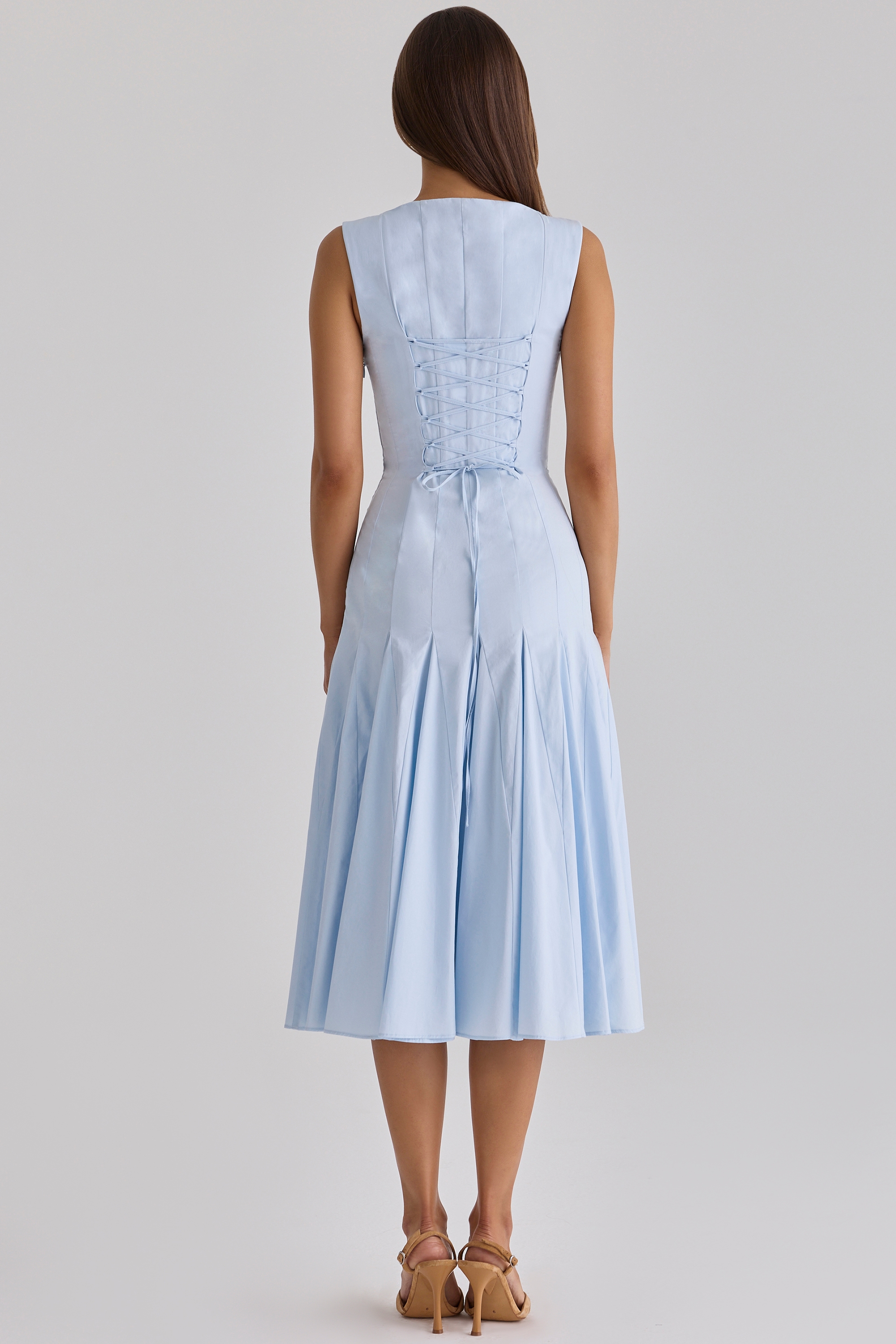 blue pleated lace up cotton midi dress