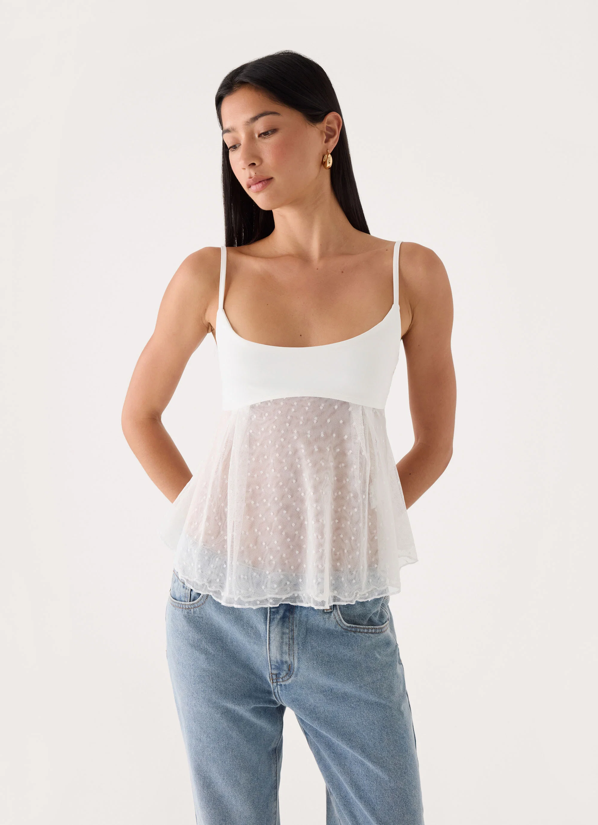 Elsie Mesh Polka Dot Top - White - FASHION NOB